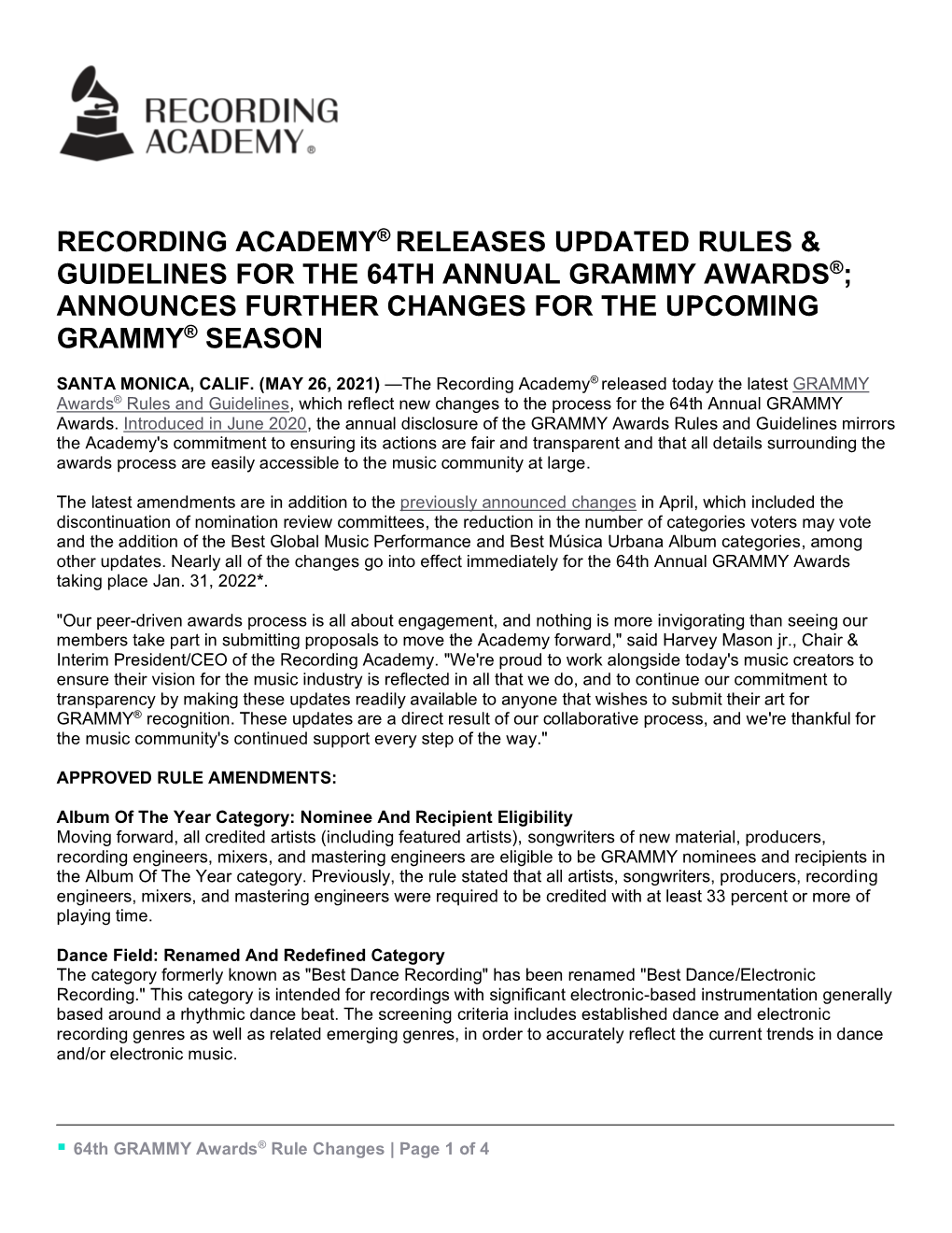 Recording Academy® Releases Updated Rules & Guidelines for the 64Th Annual Grammy Awards®; Announces Further Changes for the Upcoming Grammy® Season