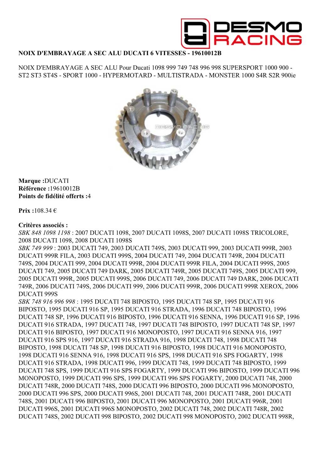 19610012B NOIX D'embrayage a SEC ALU Pour Ducati 1098 999