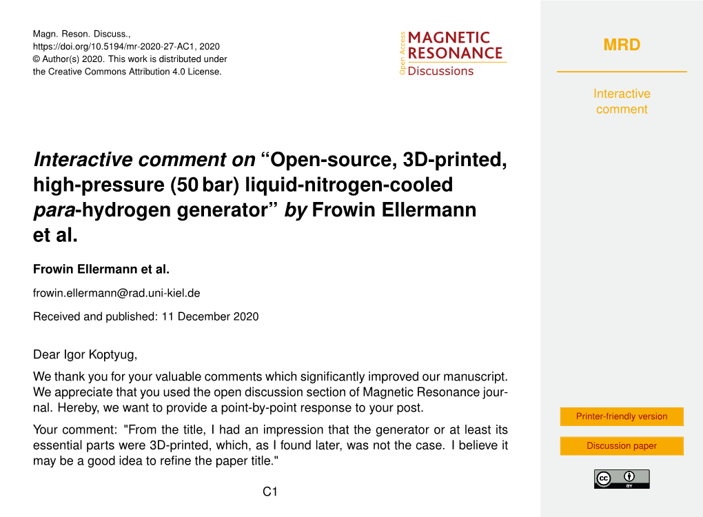 Open-Source, 3D-Printed, High-Pressure (50 Bar) Liquid-Nitrogen-Cooled Para-Hydrogen Generator” by Frowin Ellermann Et Al