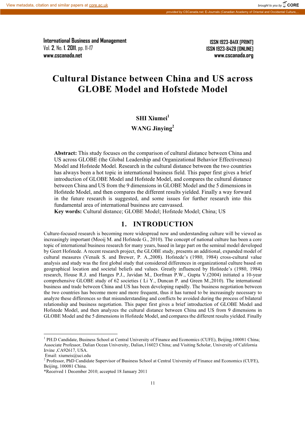 Cultural Distance Between China and US Across GLOBE Model and Hofstede Model