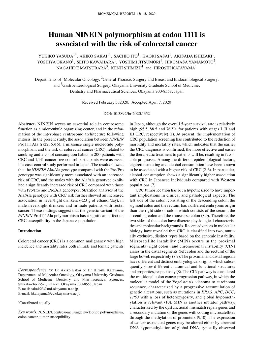 Human NINEIN Polymorphism at Codon 1111 Is Associated with the Risk of Colorectal Cancer