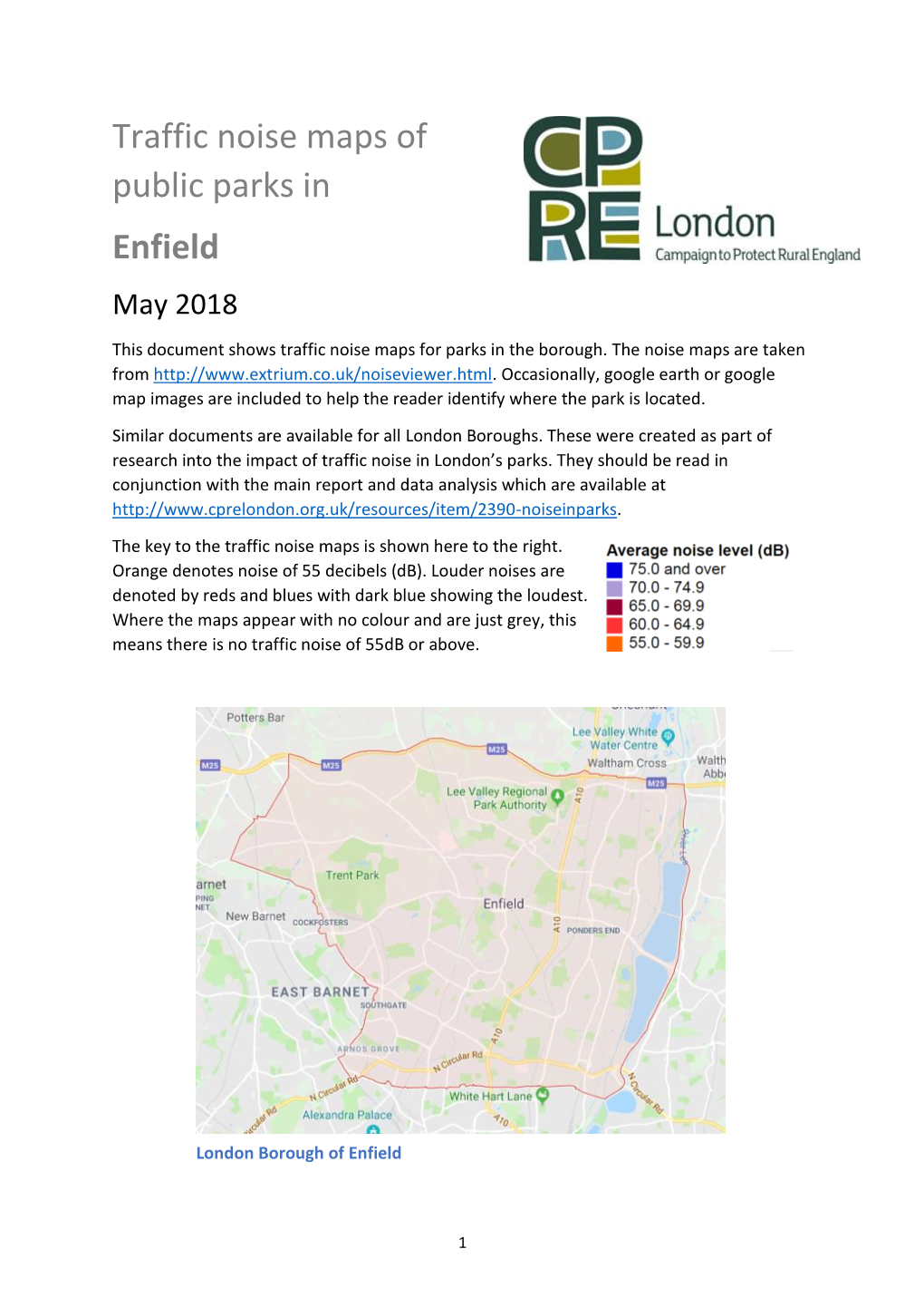 Traffic Noise Maps of Public Parks in Enfield May 2018