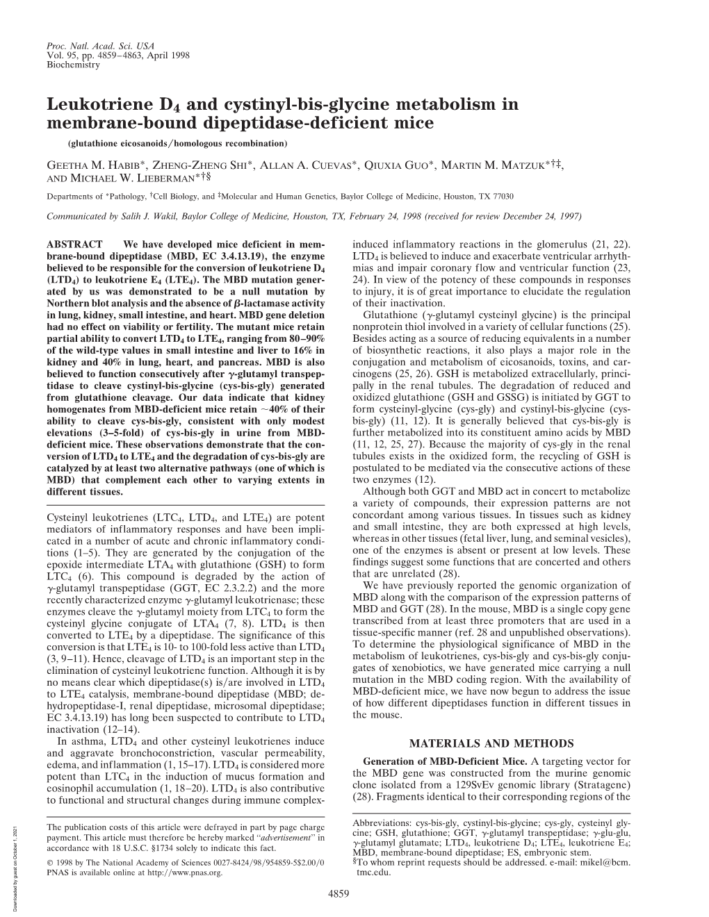 Leukotriene D4 and Cystinyl-Bis-Glycine Metabolism in Membrane-Bound Dipeptidase-Deficient Mice (Glutathione Eicosanoids͞homologous Recombination)