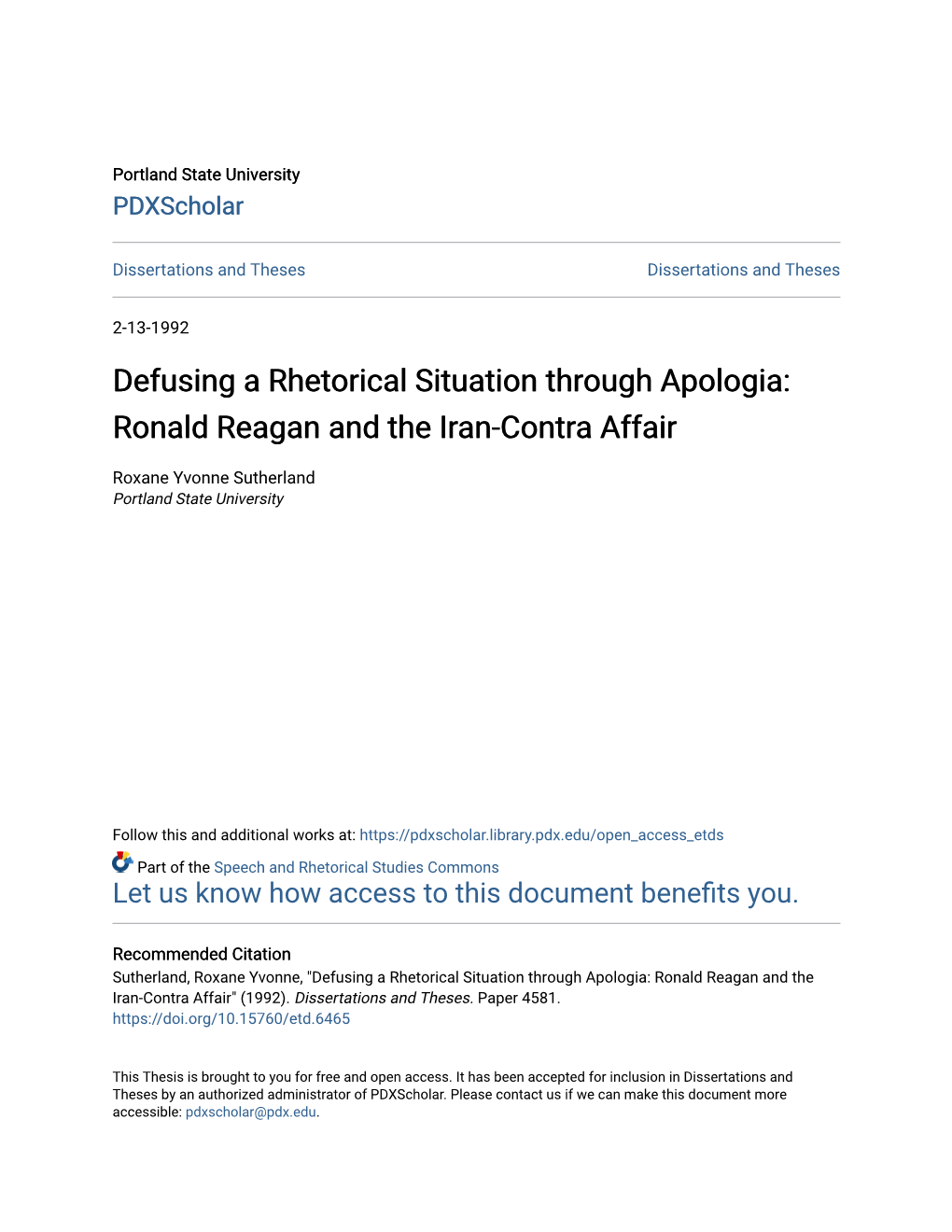 Defusing a Rhetorical Situation Through Apologia: Ronald Reagan and the Iran-Contra Affair
