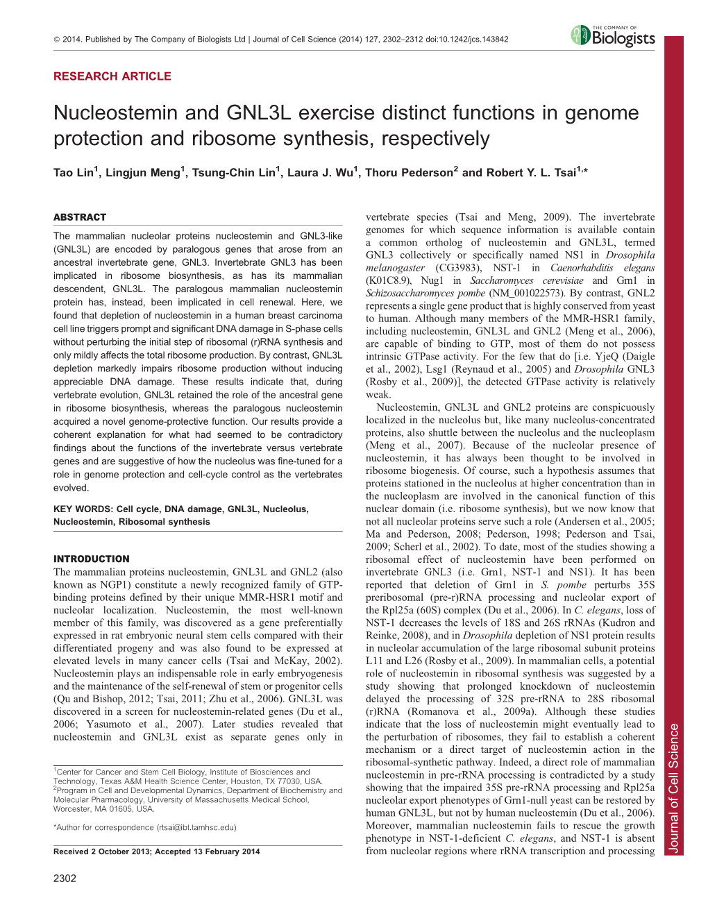 Nucleostemin and GNL3L Exercise Distinct Functions in Genome