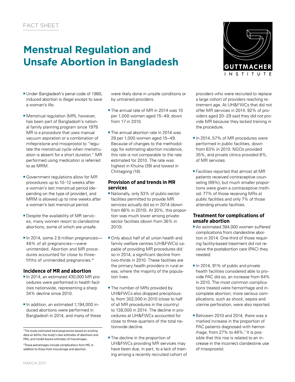 Menstrual Regulation and Unsafe Abortion in Bangladesh