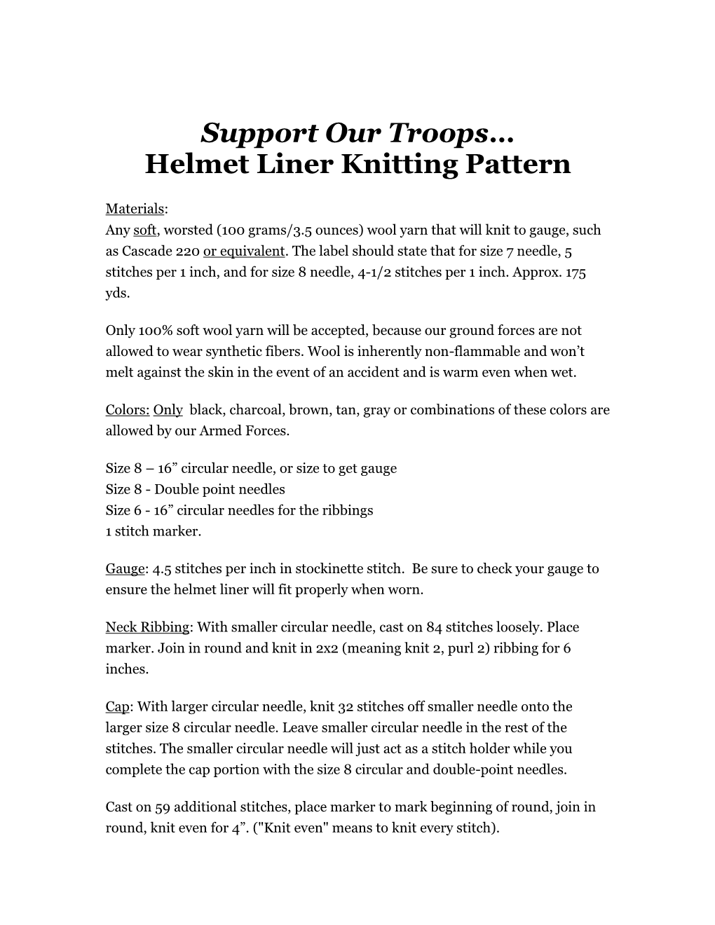 Support Our Troops… Helmet Liner Knitting Pattern