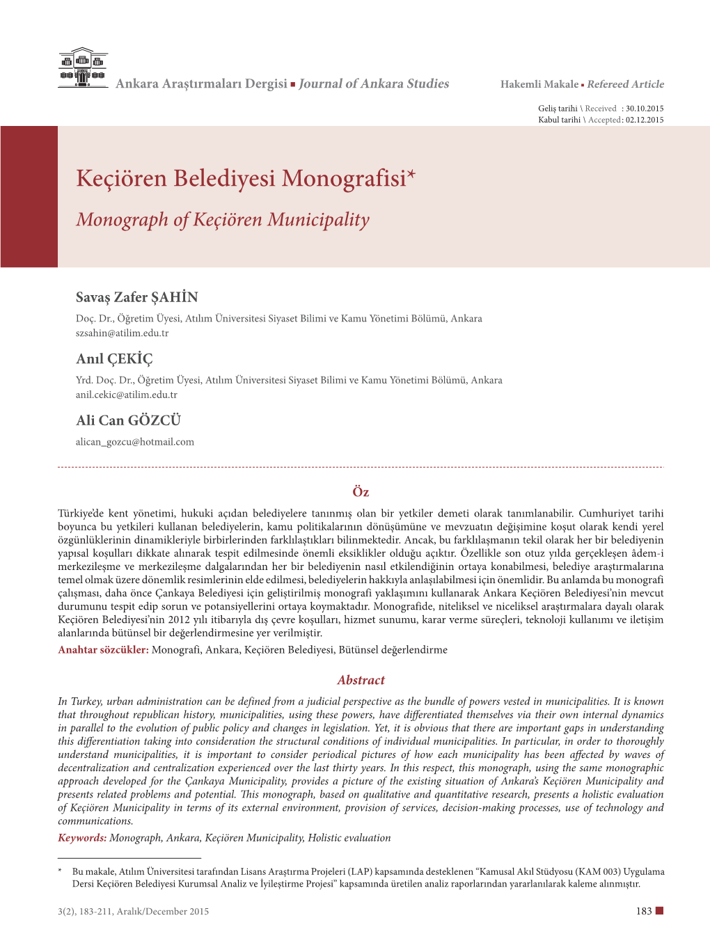 Keçiören Belediyesi Monografisi* Monograph of Keçiören Municipality