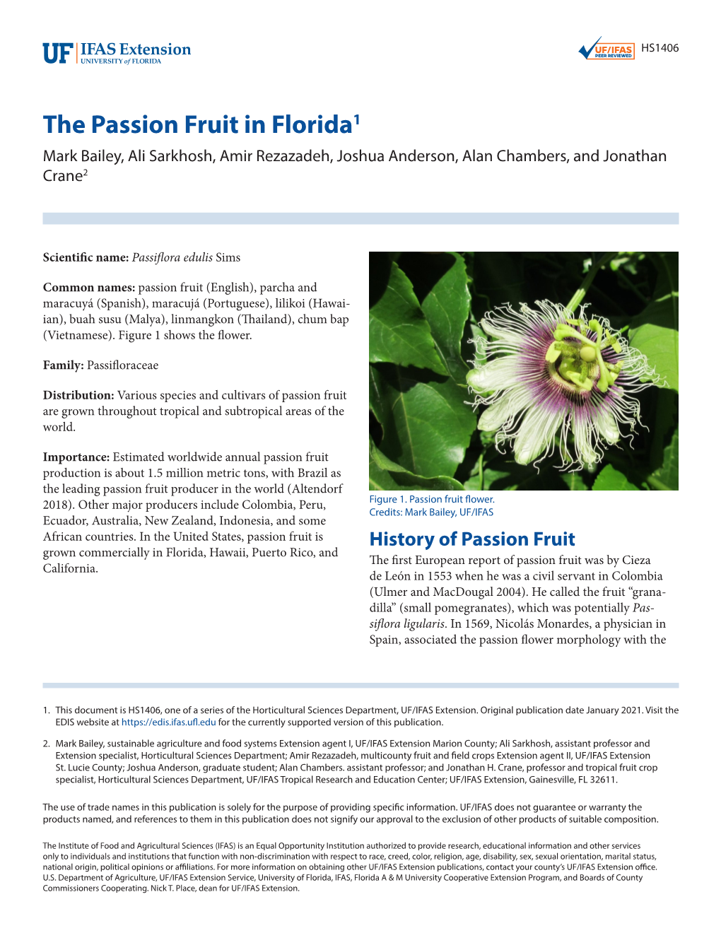 The Passion Fruit in Florida1 Mark Bailey, Ali Sarkhosh, Amir Rezazadeh, Joshua Anderson, Alan Chambers, and Jonathan Crane2