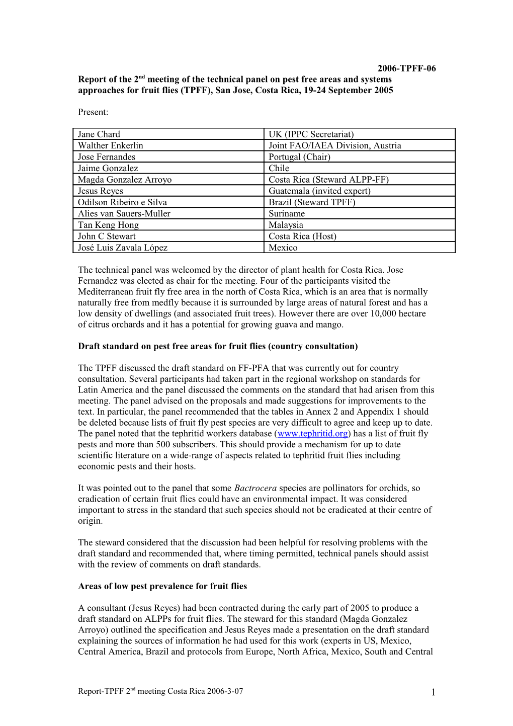 Draft Standard on Pest Free Areas for Fruit Flies (Country Consultation)