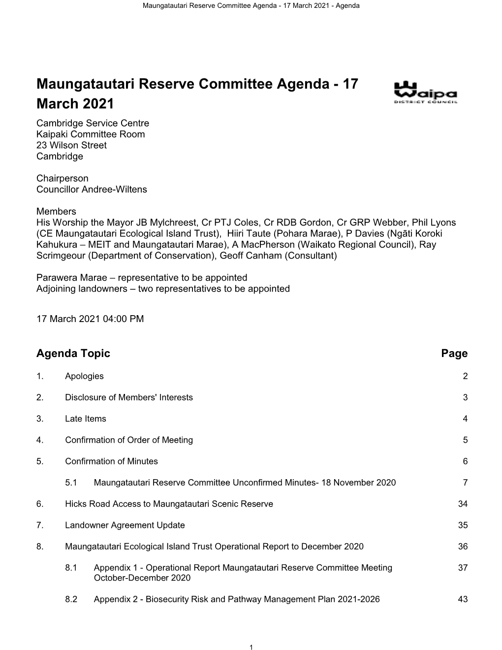 Maungatautari Reserve Committee Agenda - 17 March 2021 - Agenda