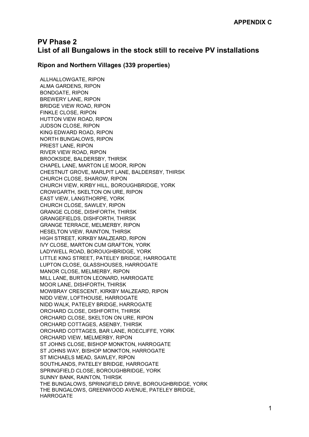 PV Phase 2 List of All Bungalows in the Stock Still to Receive PV Installations