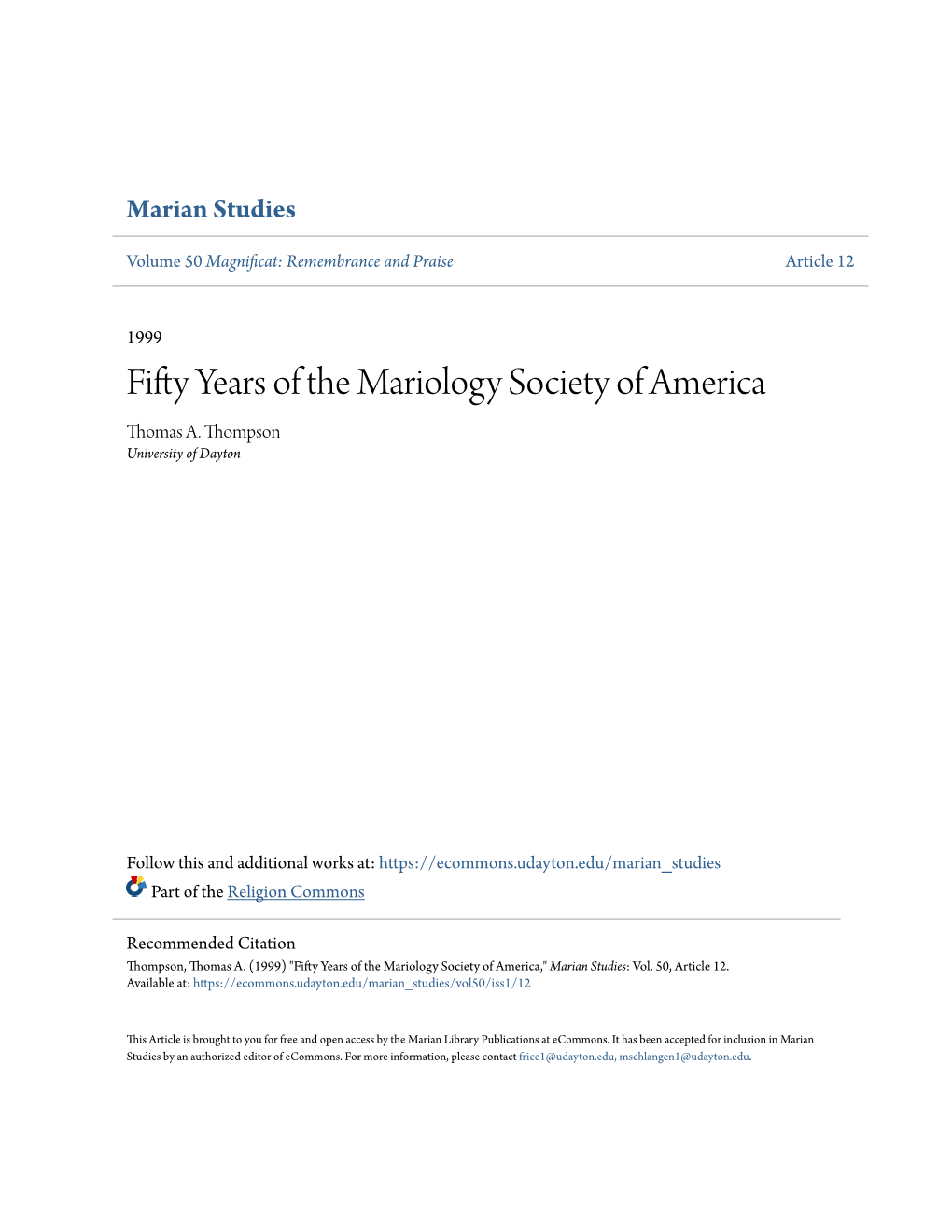 Fifty Years of the Mariology Society of America Thomas A
