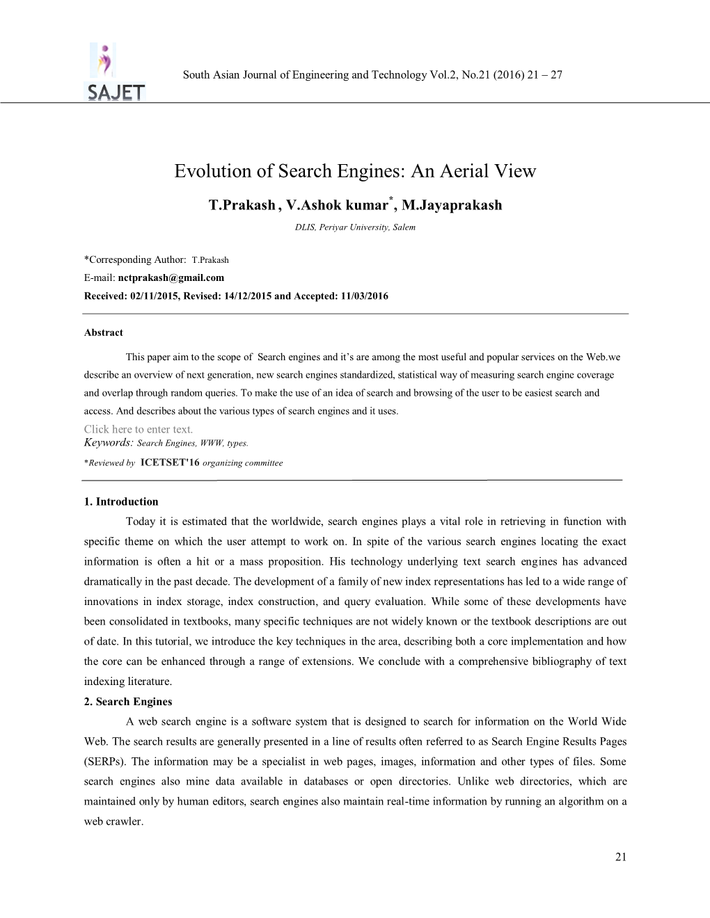 Evolution of Search Engines: an Aerial View