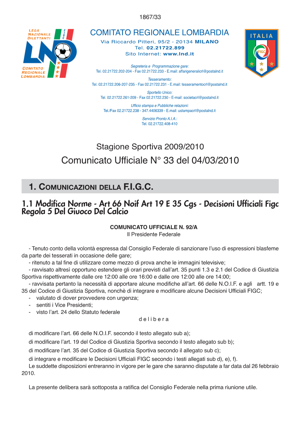 Comunicato Ufficiale N° 33 Del 04/03/2010