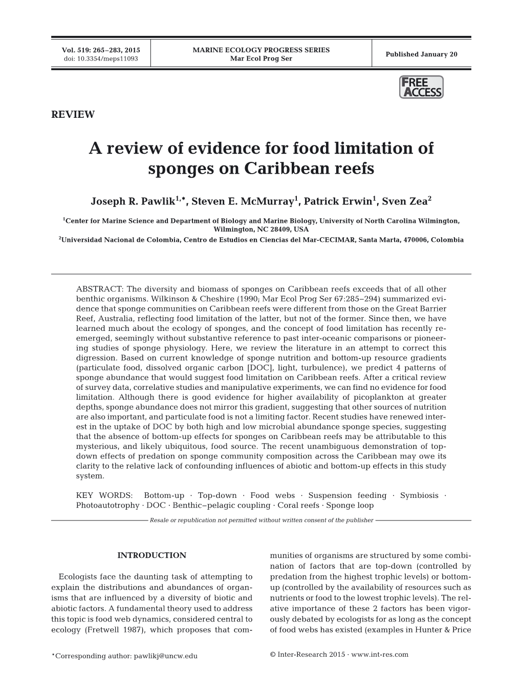 A Review of Evidence for Food Limitation of Sponges on Caribbean Reefs