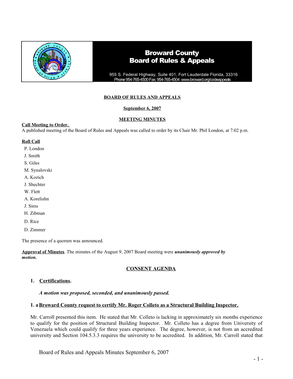 Broward County Board of Rules & Appeals Meeting