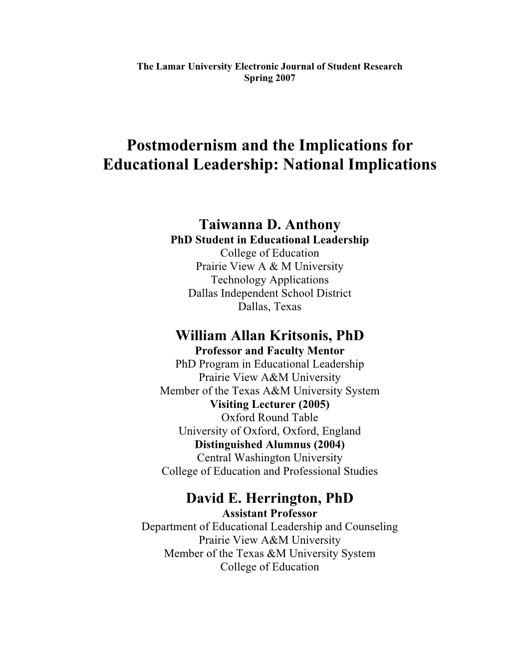 Postmodernism and the Implications for Educational Leadership: National Implications