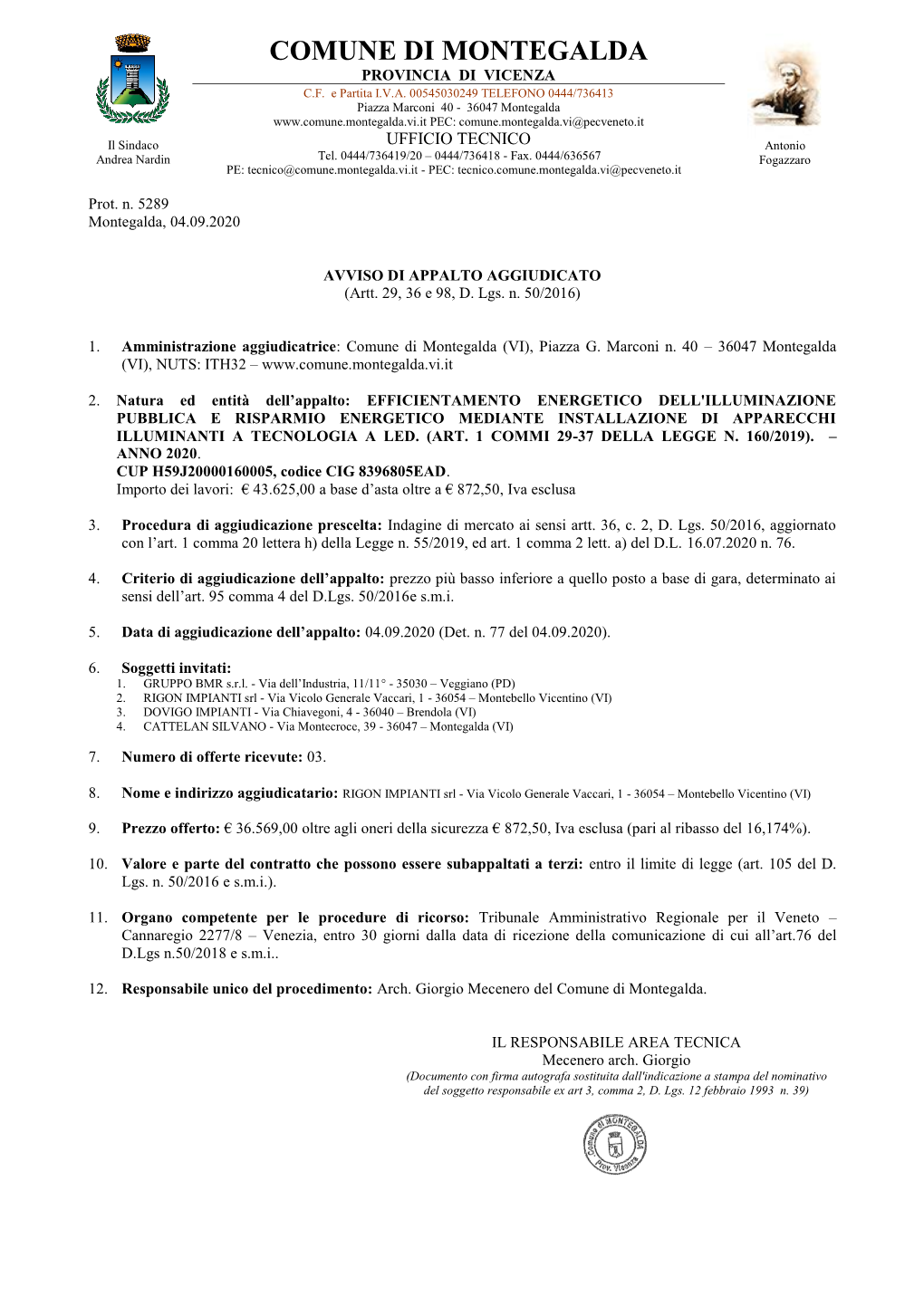 Comune Di Montegalda Provincia Di Vicenza C.F