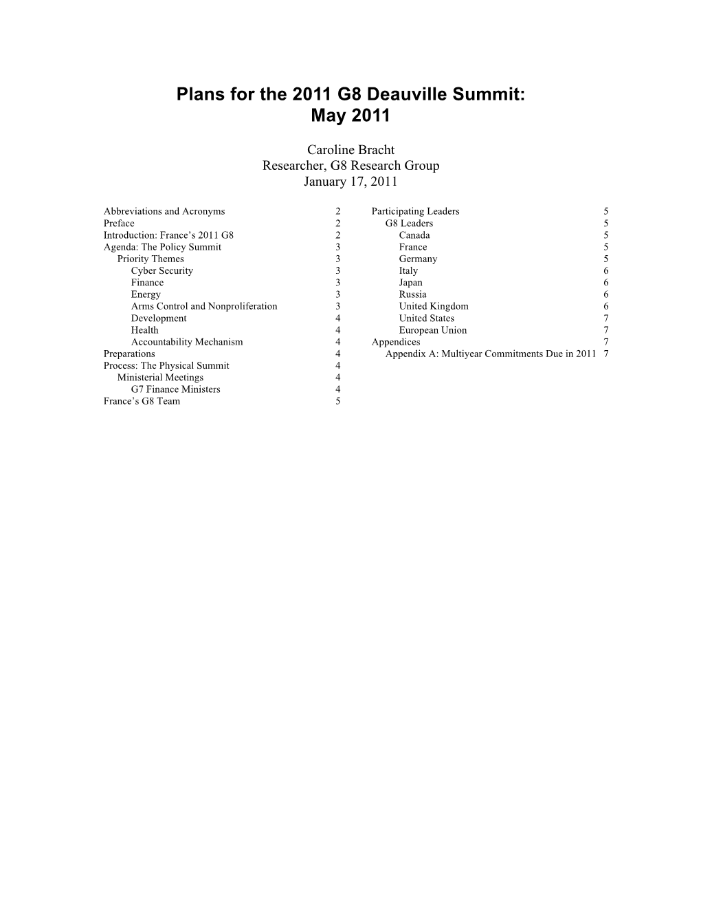 Plans for the 2011 G8 Deauville Summit: May 2011