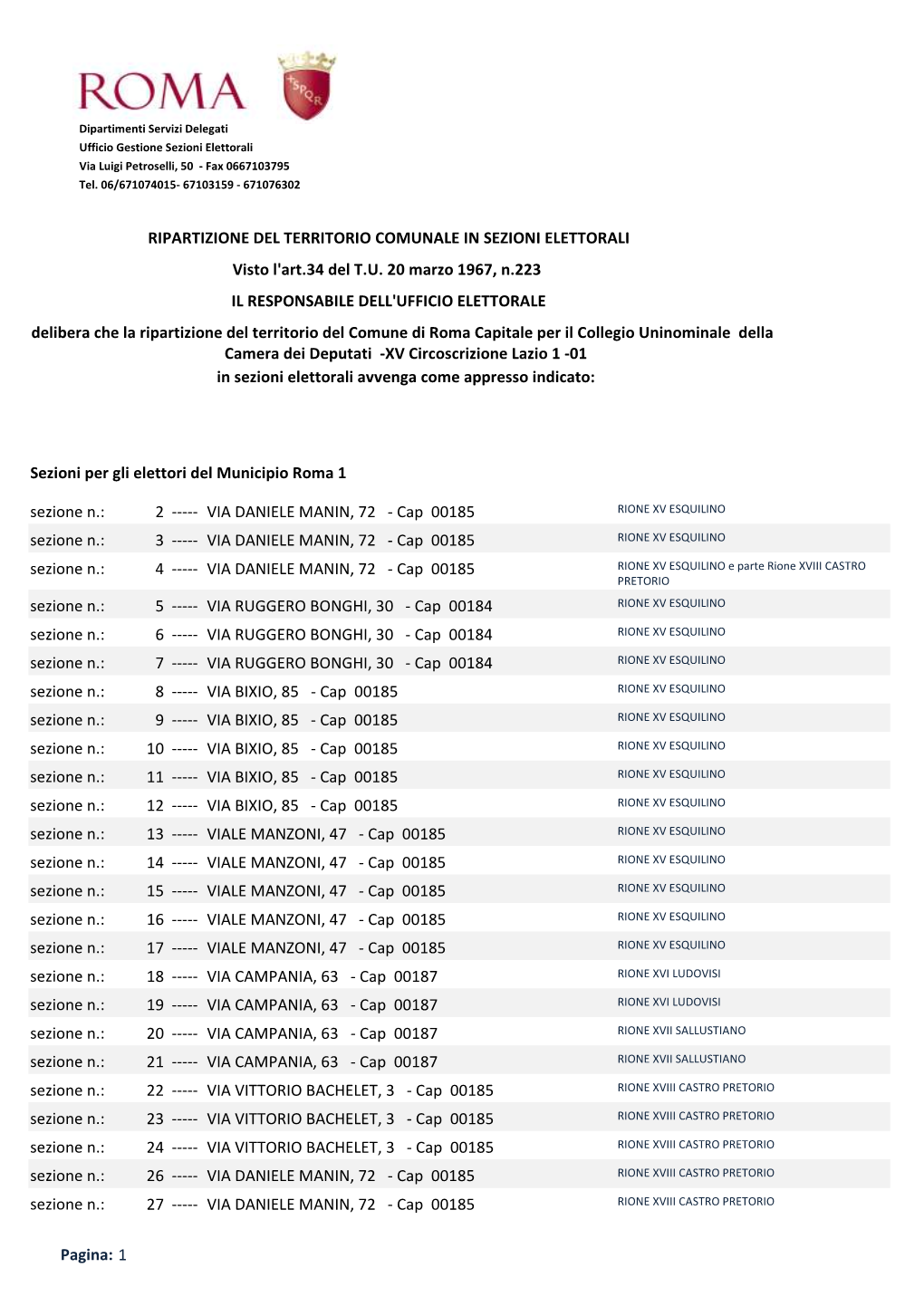 RIPARTIZIONE DEL TERRITORIO COMUNALE in SEZIONI ELETTORALI Visto L'art.34 Del T.U. 20 Marzo 1967, N.223 IL RESPONSABILE DELL'uff