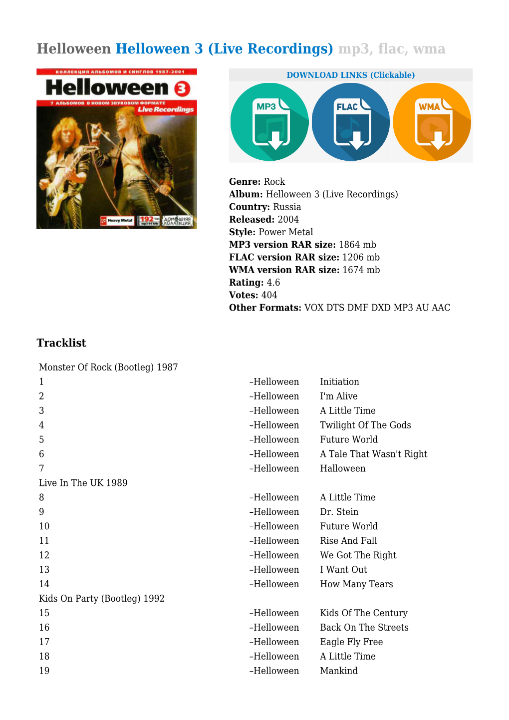 Helloween Helloween 3 (Live Recordings) Mp3, Flac, Wma