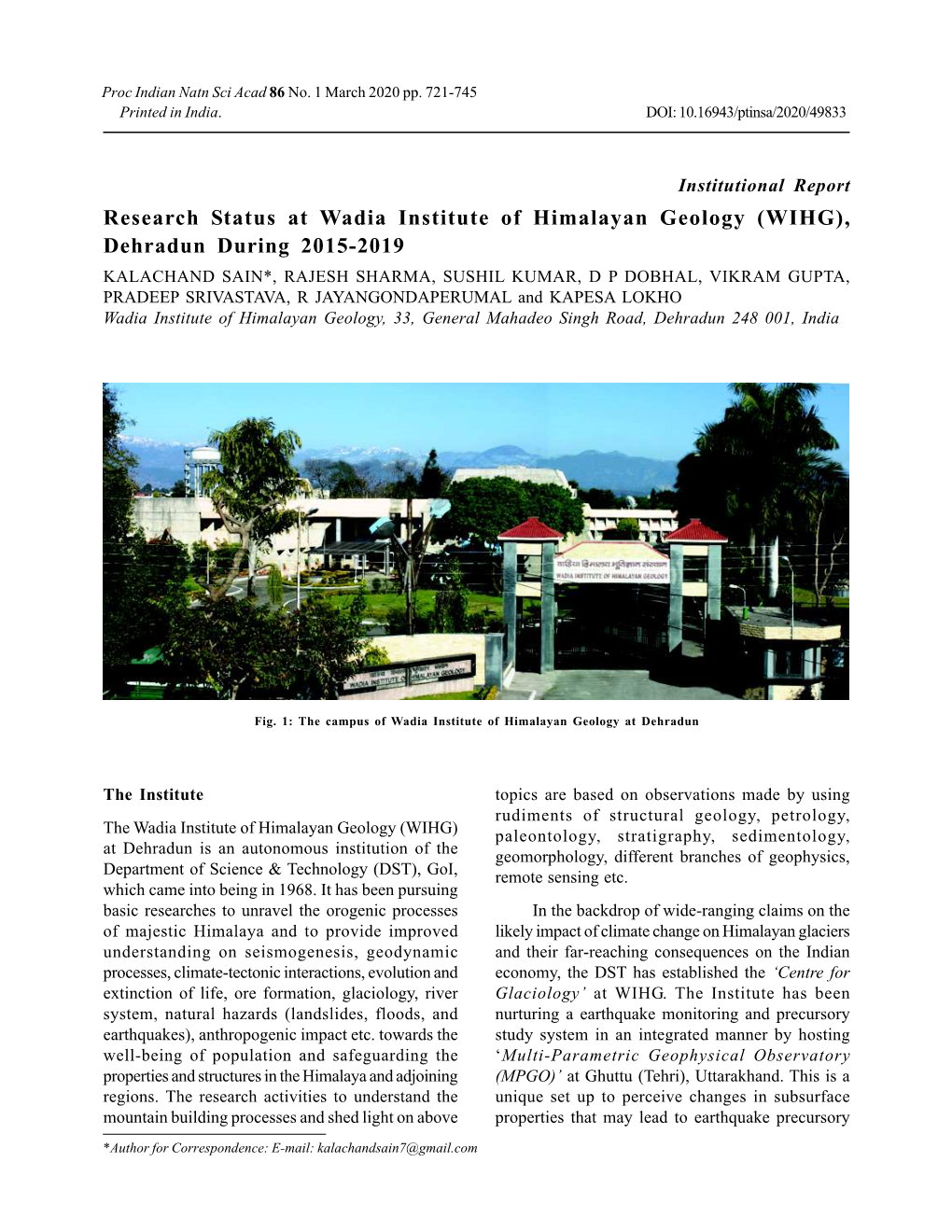 Research Status at Wadia Institute of Himalayan Geology (WIHG)