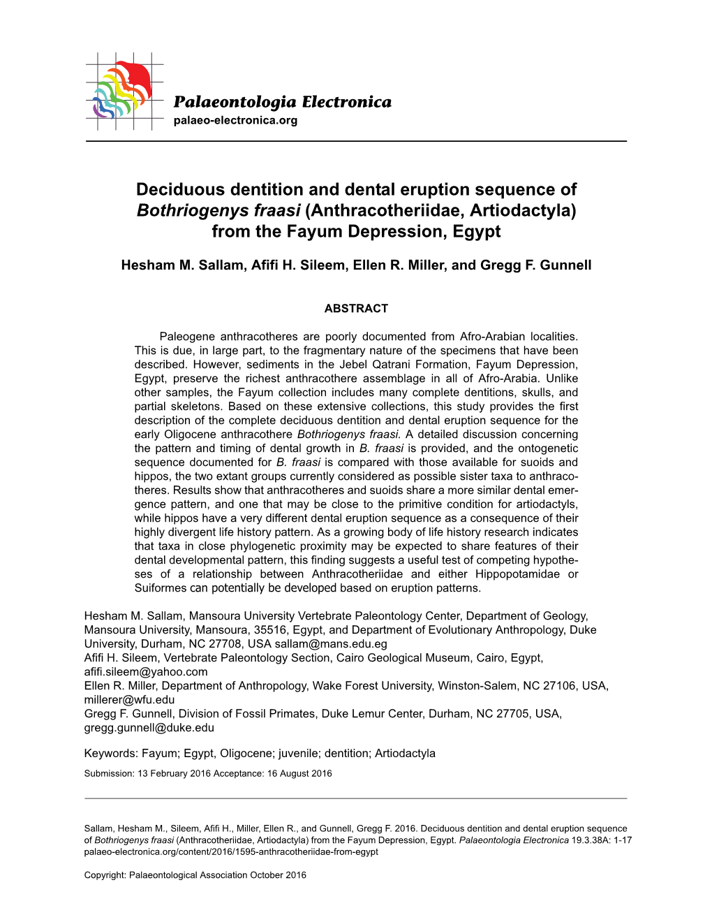 Deciduous Dentition and Dental Eruption Sequence of Bothriogenys Fraasi (Anthracotheriidae, Artiodactyla) from the Fayum Depression, Egypt