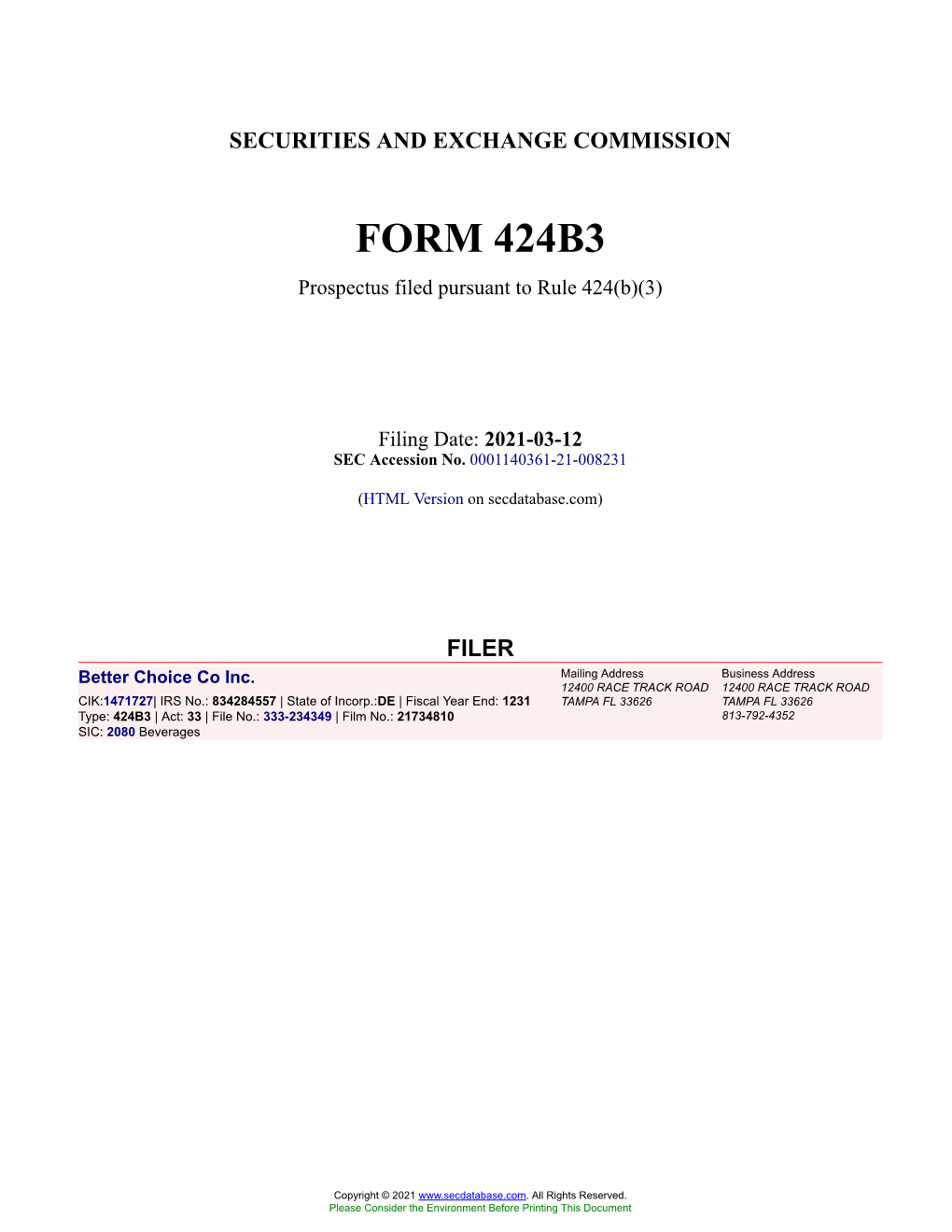 Better Choice Co Inc. Form 424B3 Filed 2021-03-12