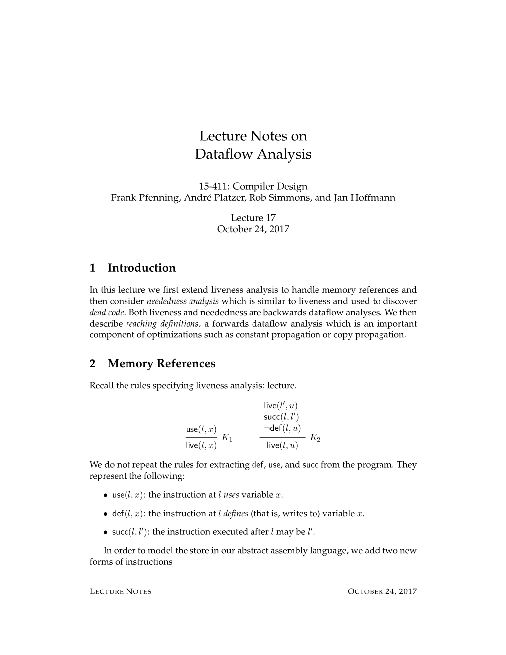 Lecture Notes on Dataflow Analysis