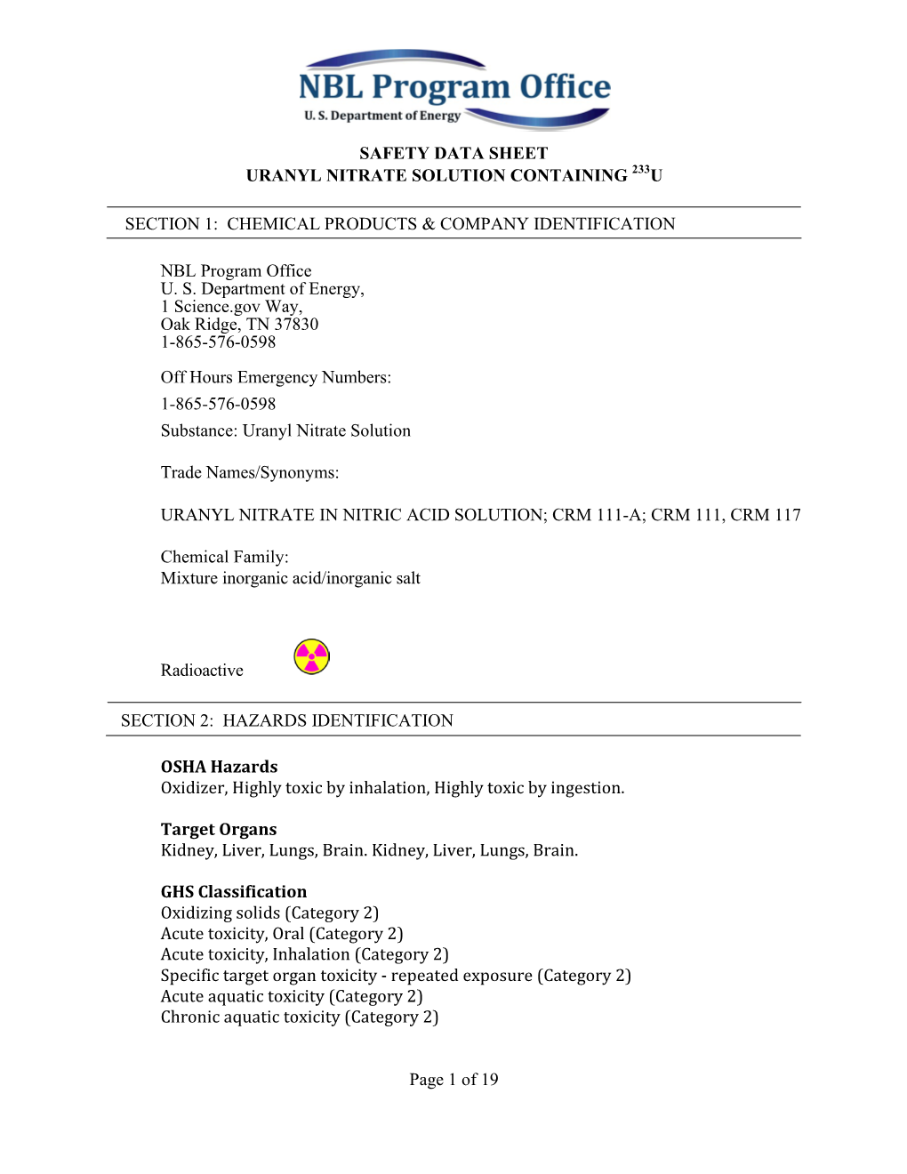 Page 1 of 19 SAFETY DATA SHEET URANYL NITRATE SOLUTION