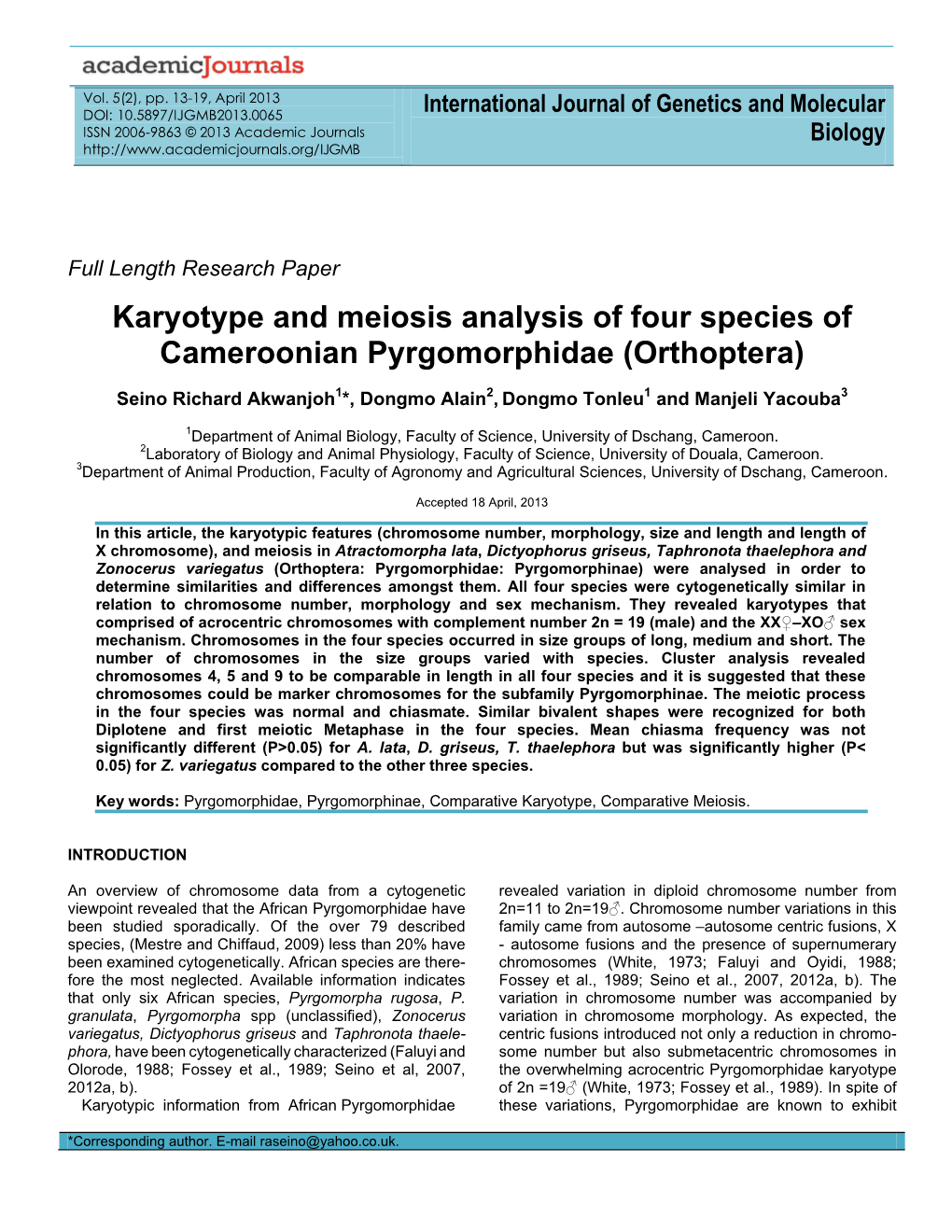 COMPARATIVE STUDY of the GRASSHOPPERS Atractomorpha