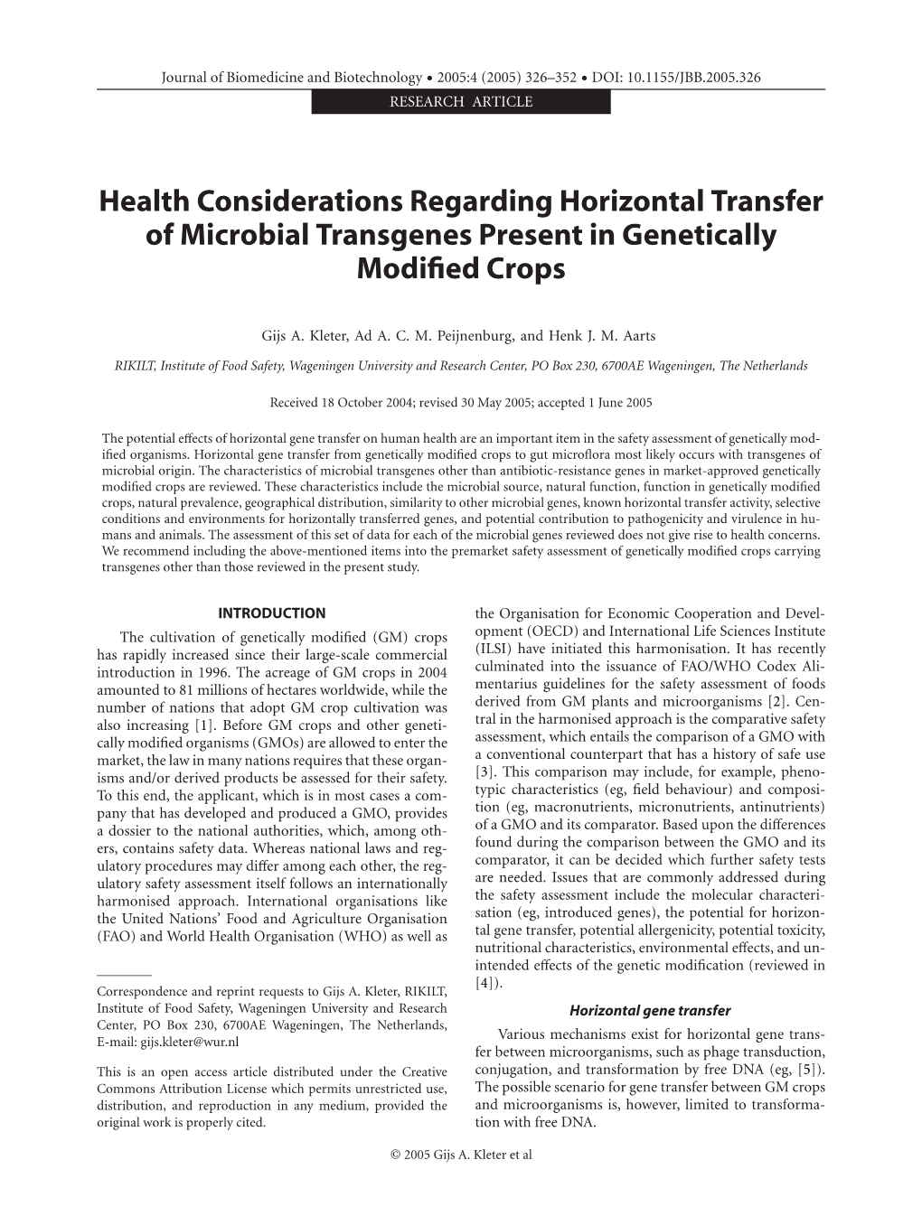 Health Considerations Regarding Horizontal Transfer of Microbial Transgenes Present in Genetically Modified Cropspdfauthor