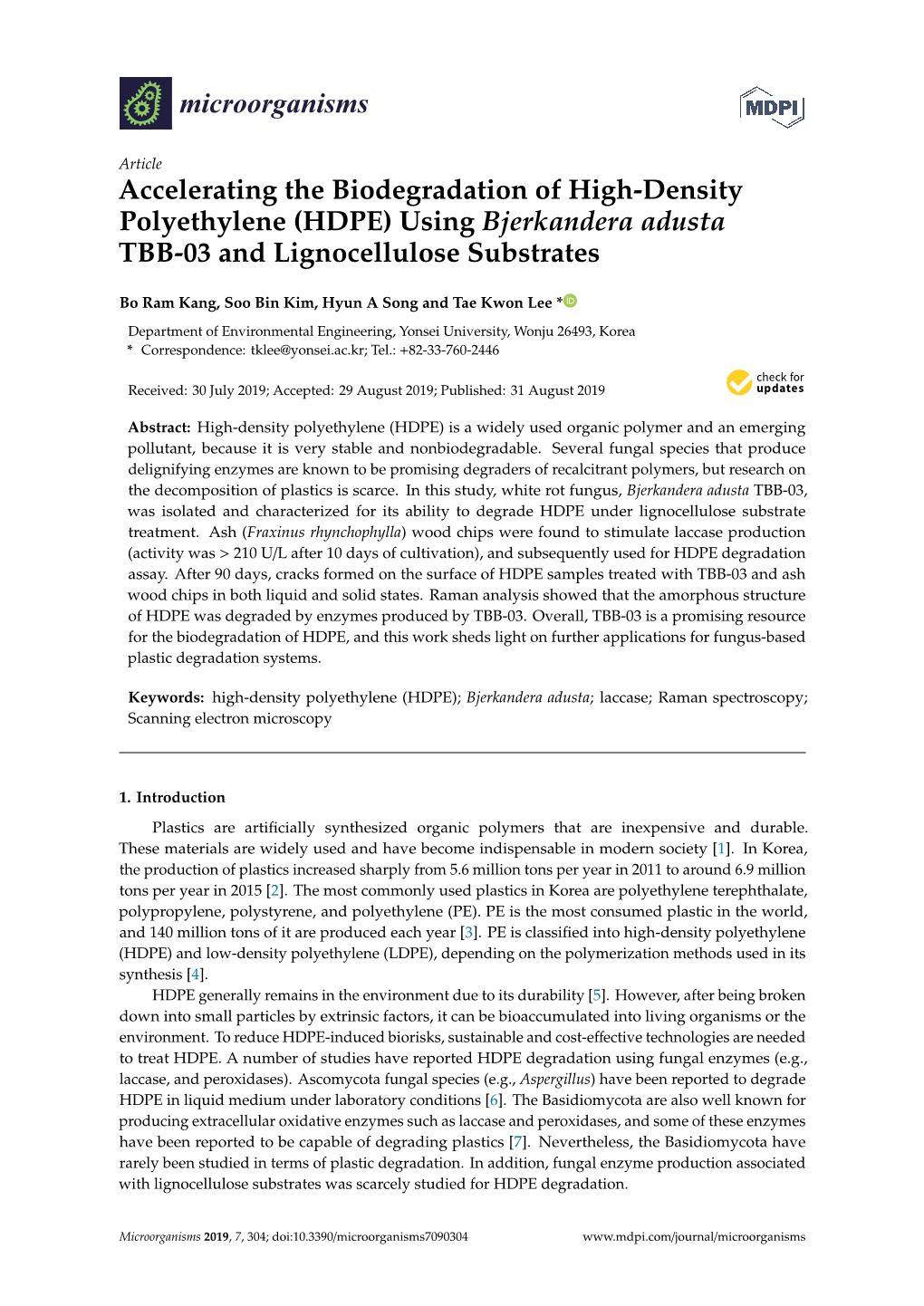 HDPE) Using Bjerkandera Adusta TBB-03 and Lignocellulose Substrates