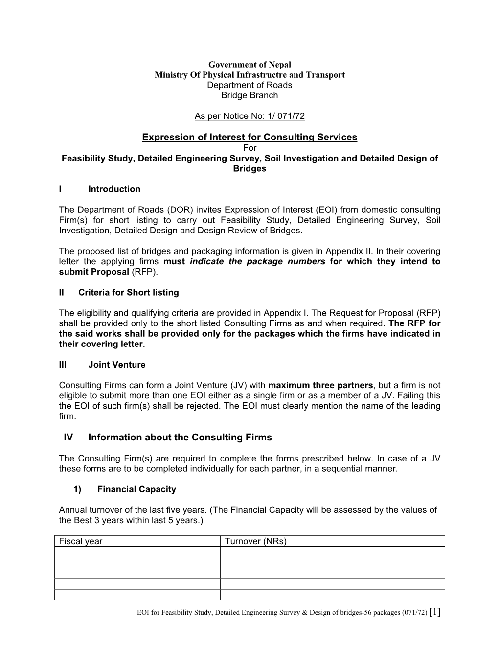 Expression of Interest for Consulting Services for Feasibility Study, Detailed Engineering Survey, Soil Investigation and Detailed Design of Bridges