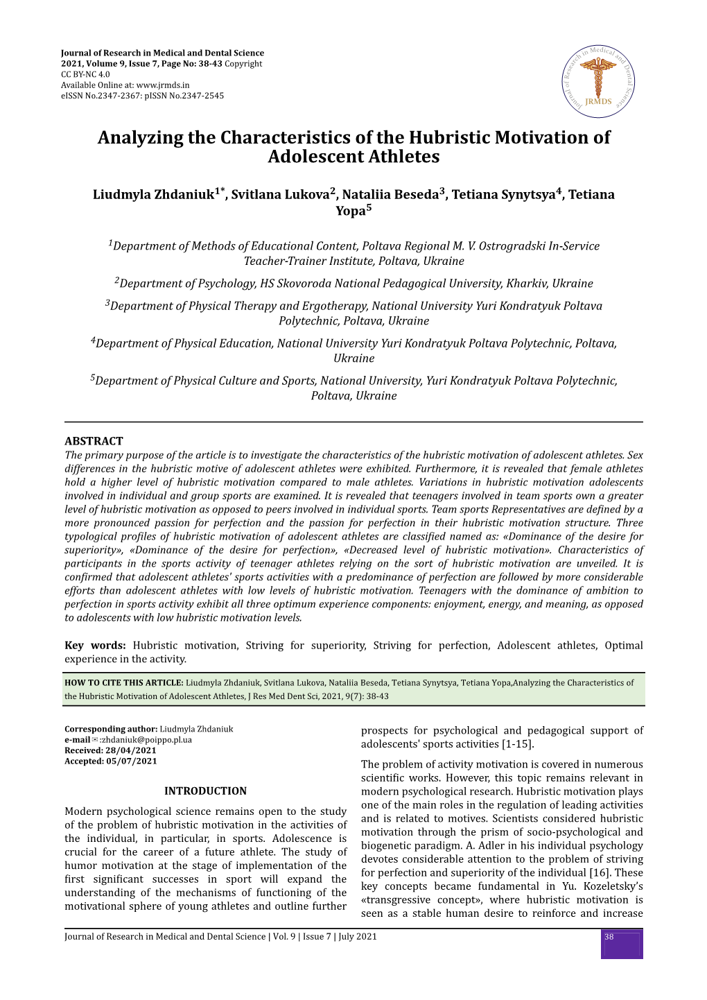 Analyzing the Characteristics of the Hubristic Motivation of Adolescent Athletes
