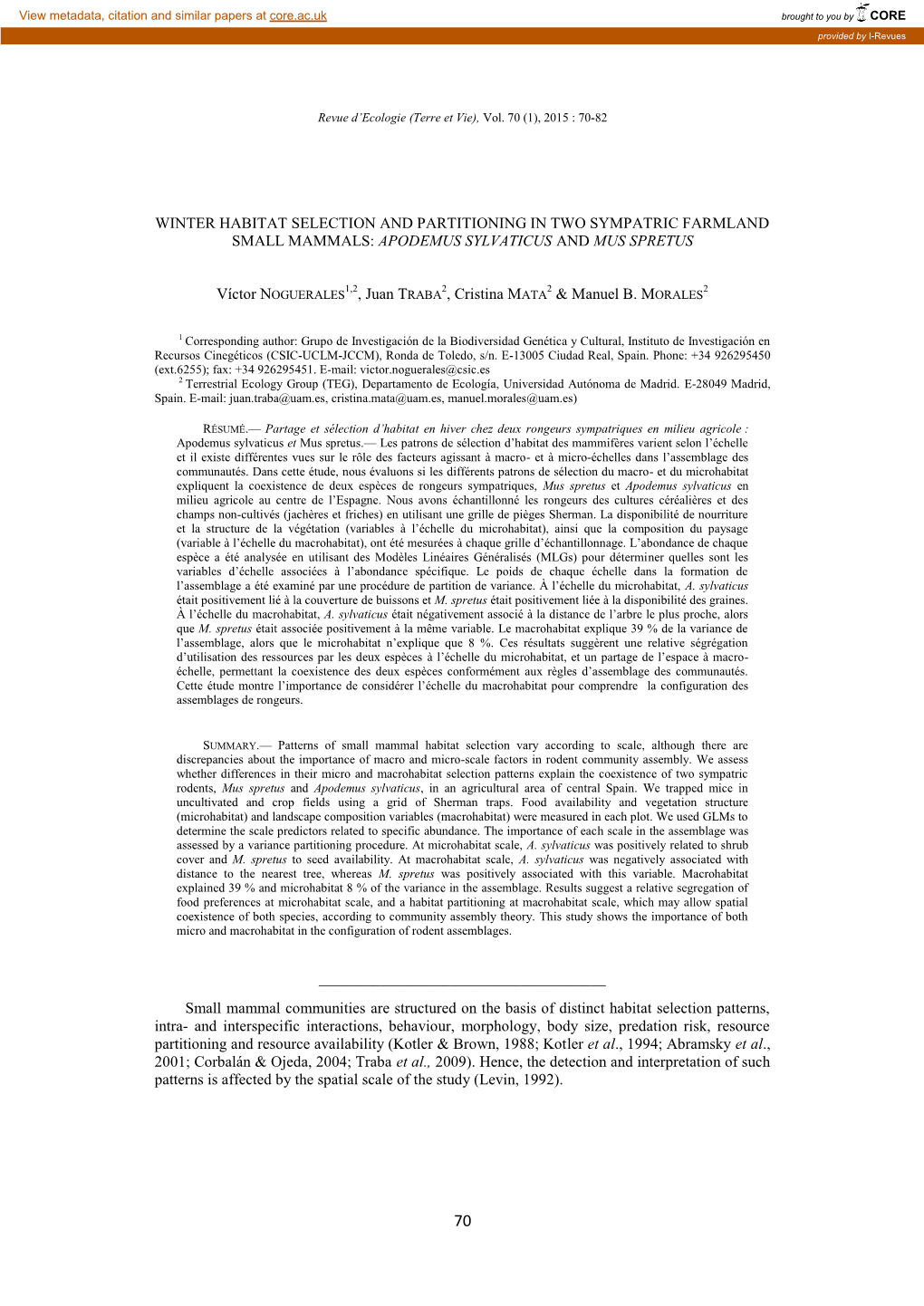 Winter Habitat Selection and Partitioning in Two Sympatric Farmland Small Mammals: Apodemus Sylvaticus and Mus Spretus