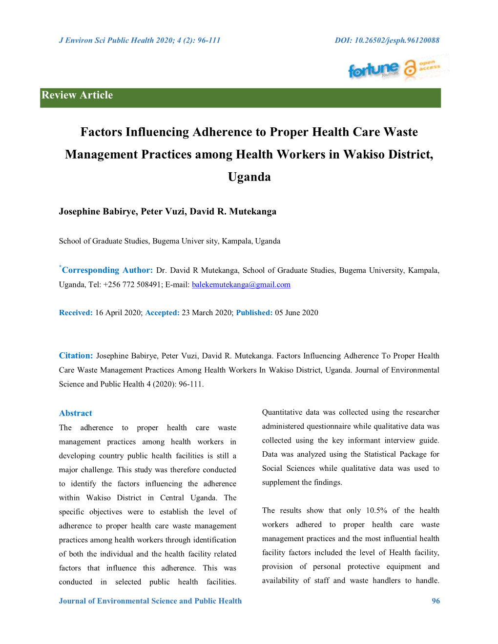 Factors Influencing Adherence to Proper Health Care Waste Management Practices Among Health Workers in Wakiso District, Uganda