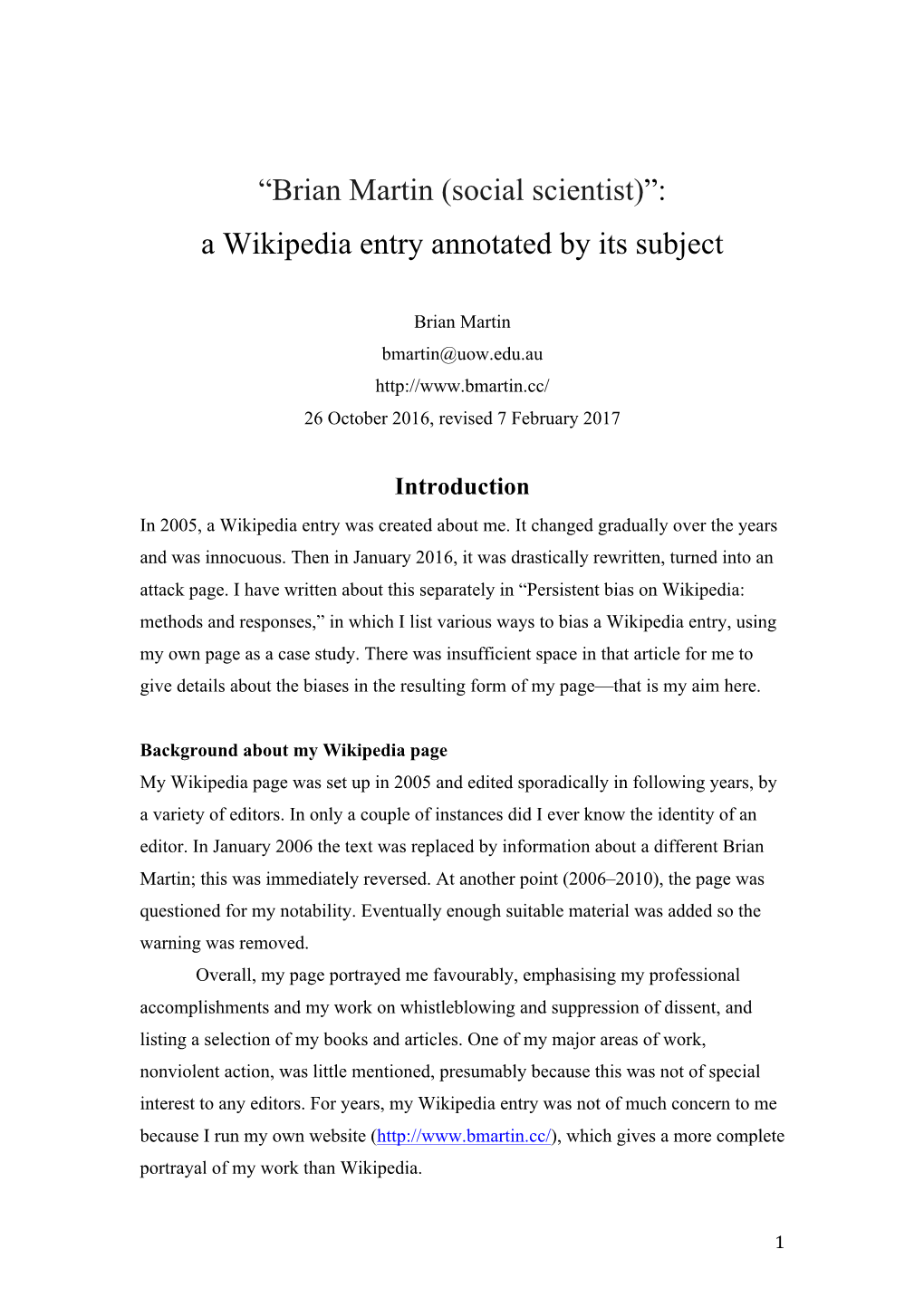 Brian Martin (Social Scientist): a Wikipedia Entry Annotated by Its
