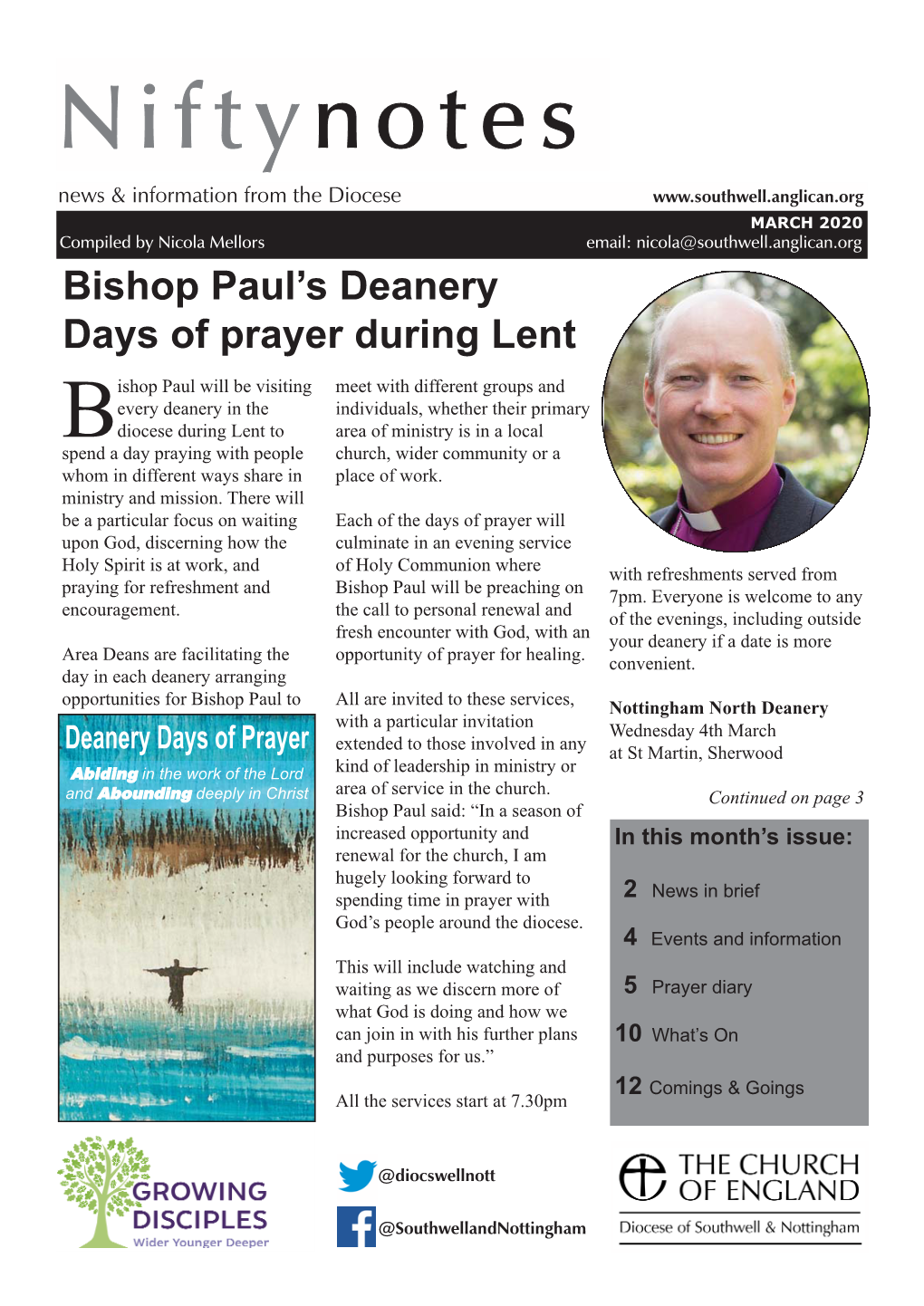 MARCH 2020 Compiled by Nicola Mellors Email: Nicola@Southwell.Anglican.Org Bishop Paul’S Deanery Days of Prayer During Lent