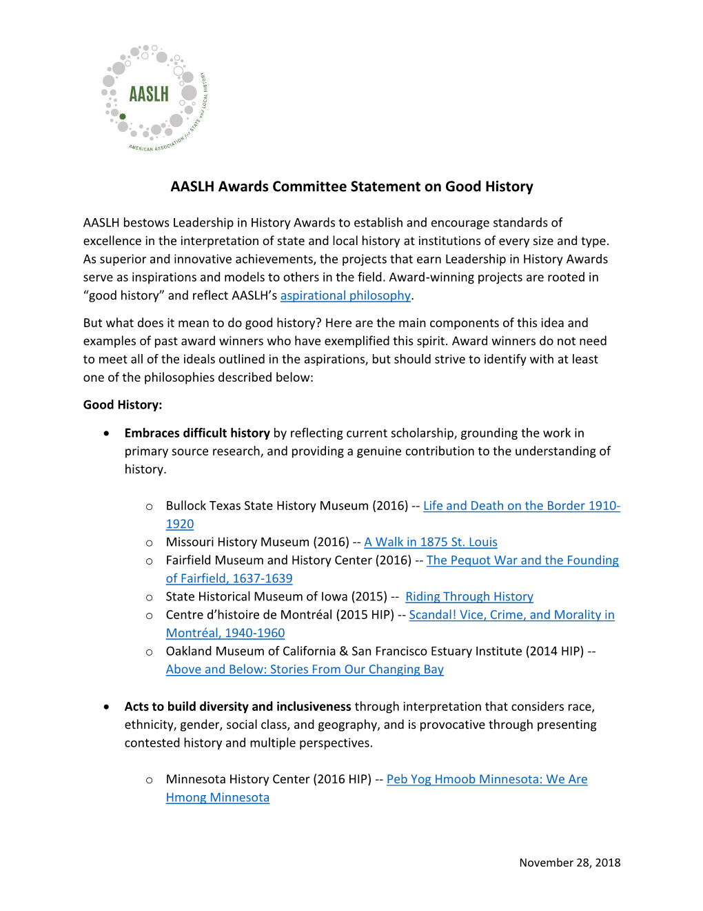 AASLH Awards Committee Statement on Good History