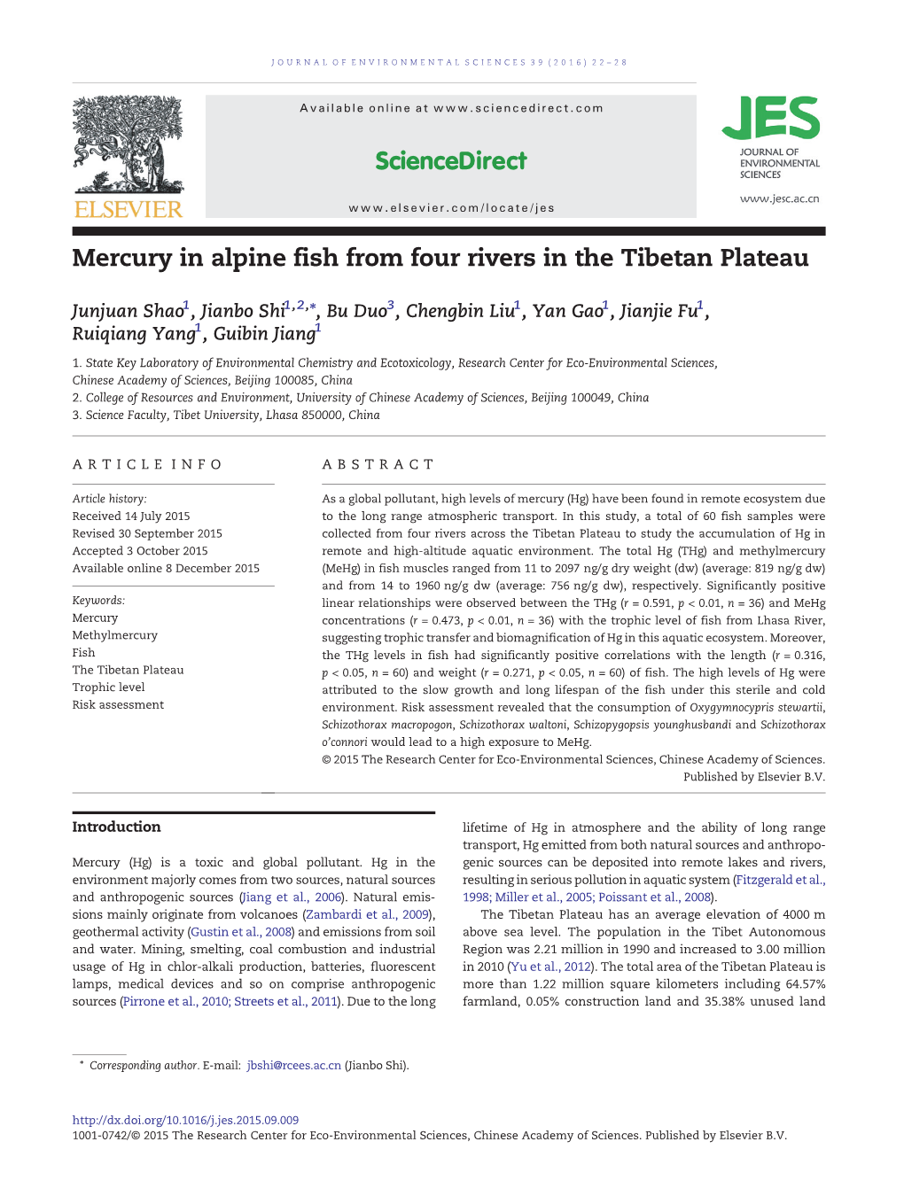 Mercury in Alpine Fish from Four Rivers in the Tibetan Plateau