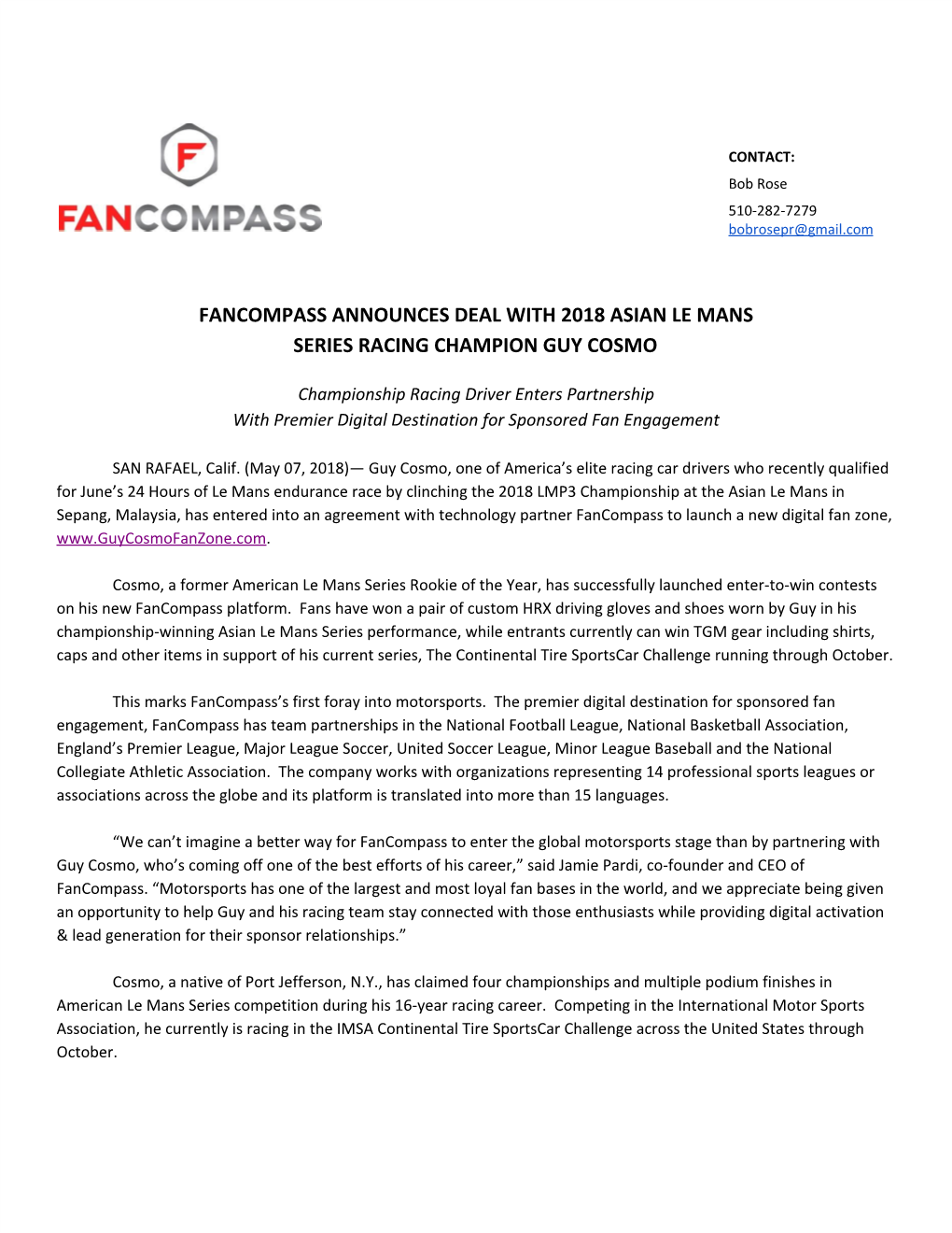 Fancompass Announces Deal with 2018 Asian Le Mans Series Racing Champion Guy Cosmo