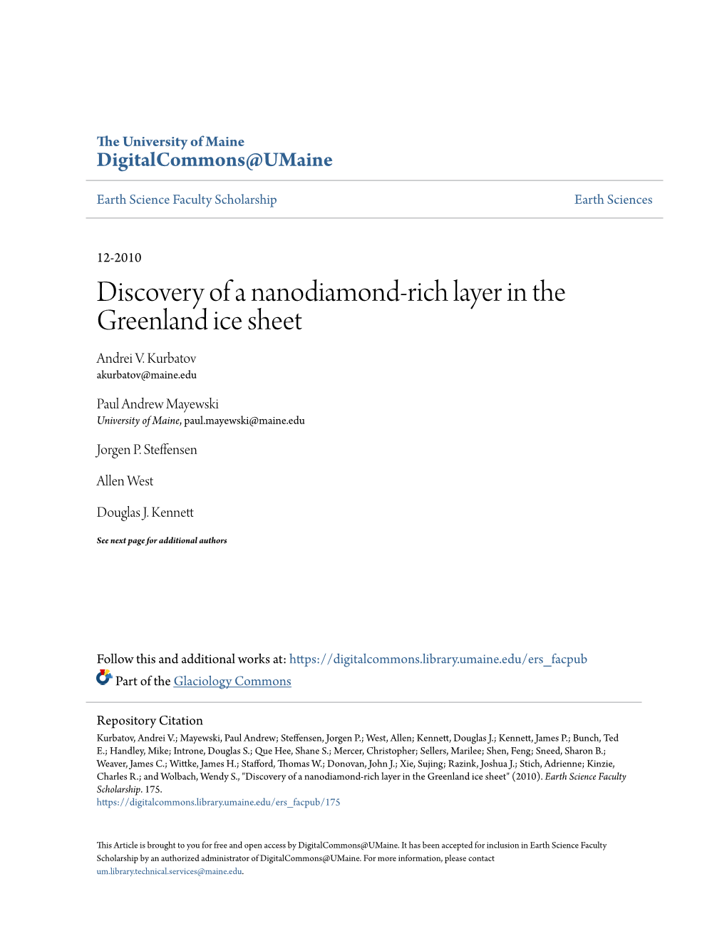 Discovery of a Nanodiamond-Rich Layer in the Greenland Ice Sheet Andrei V