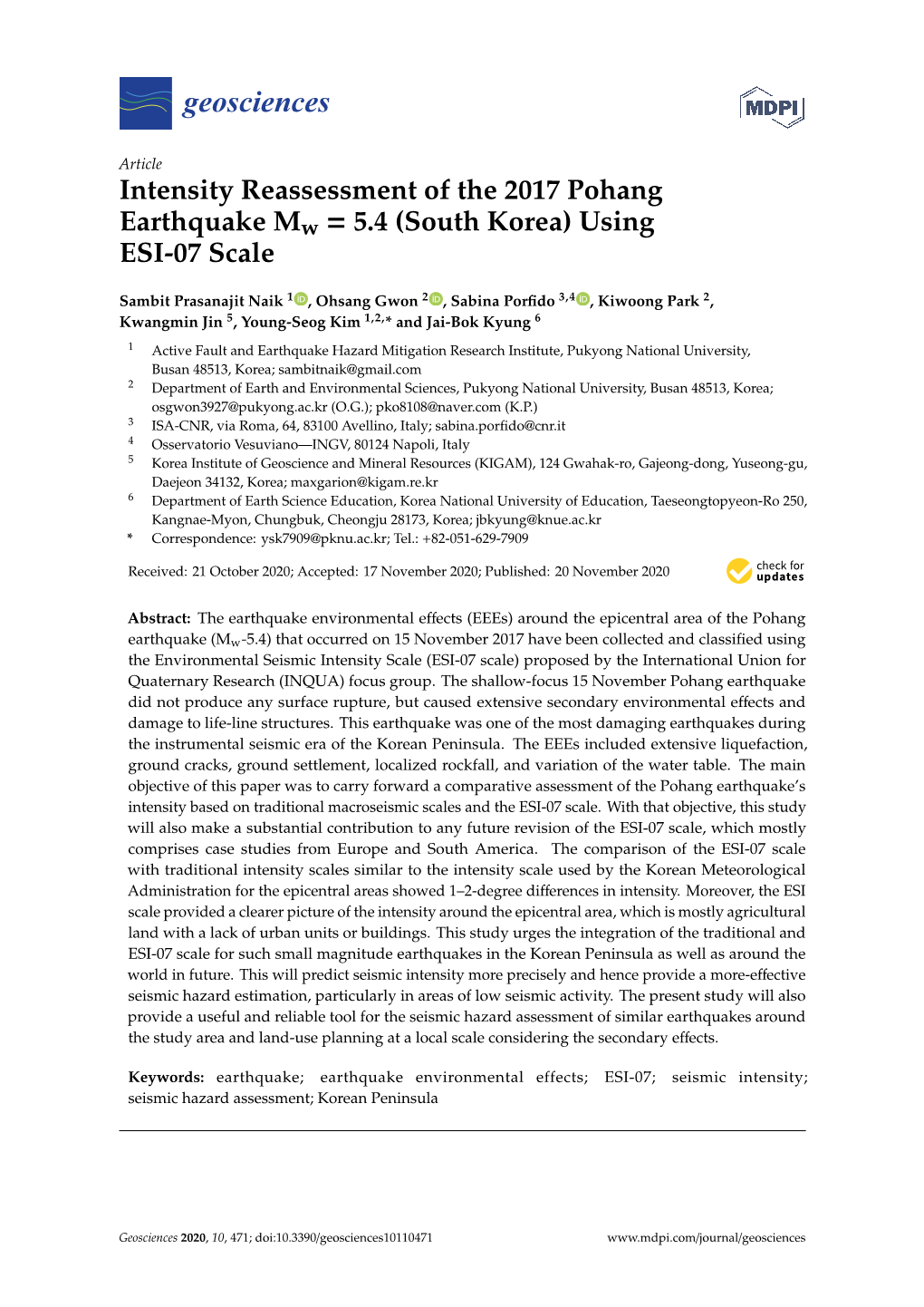 Intensity Reassessment of the 2017 Pohang Earthquake Mw = 5.4 (South Korea) Using ESI-07 Scale