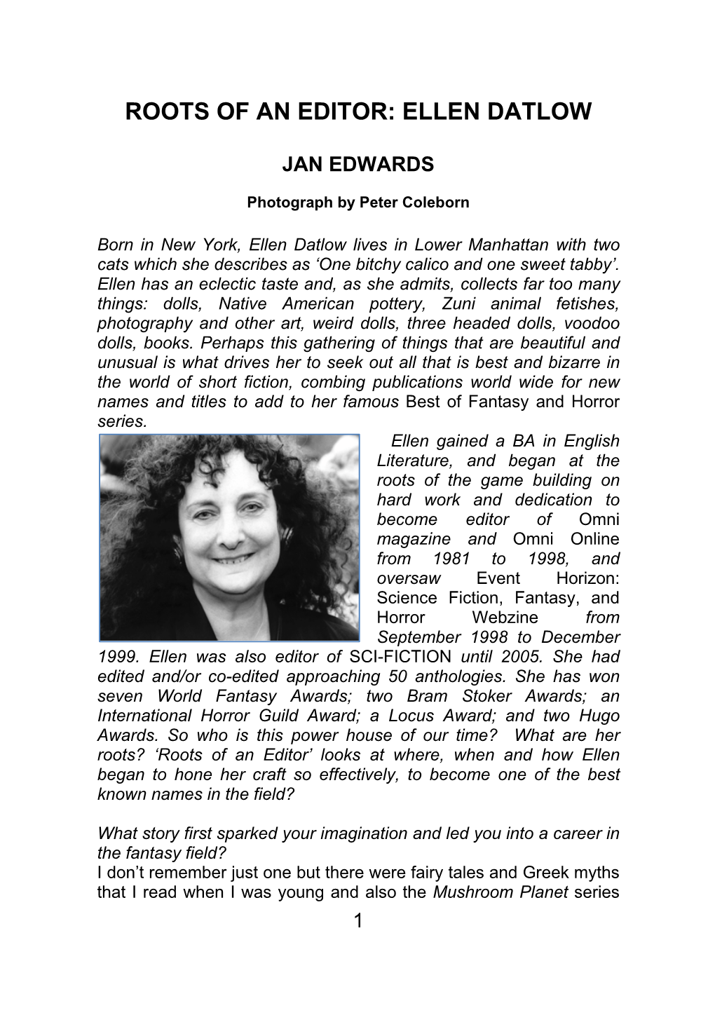 Roots of an Editor: Ellen Datlow by Jan Edwards