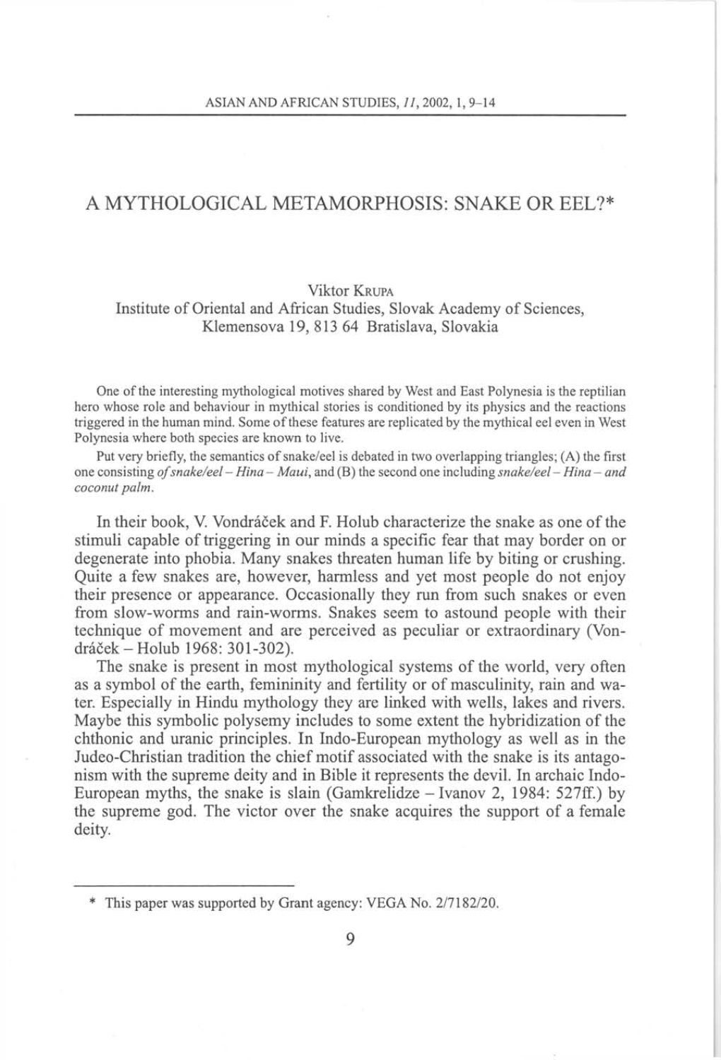 A Mythological Metamorphosis: Snake Or Eel?*