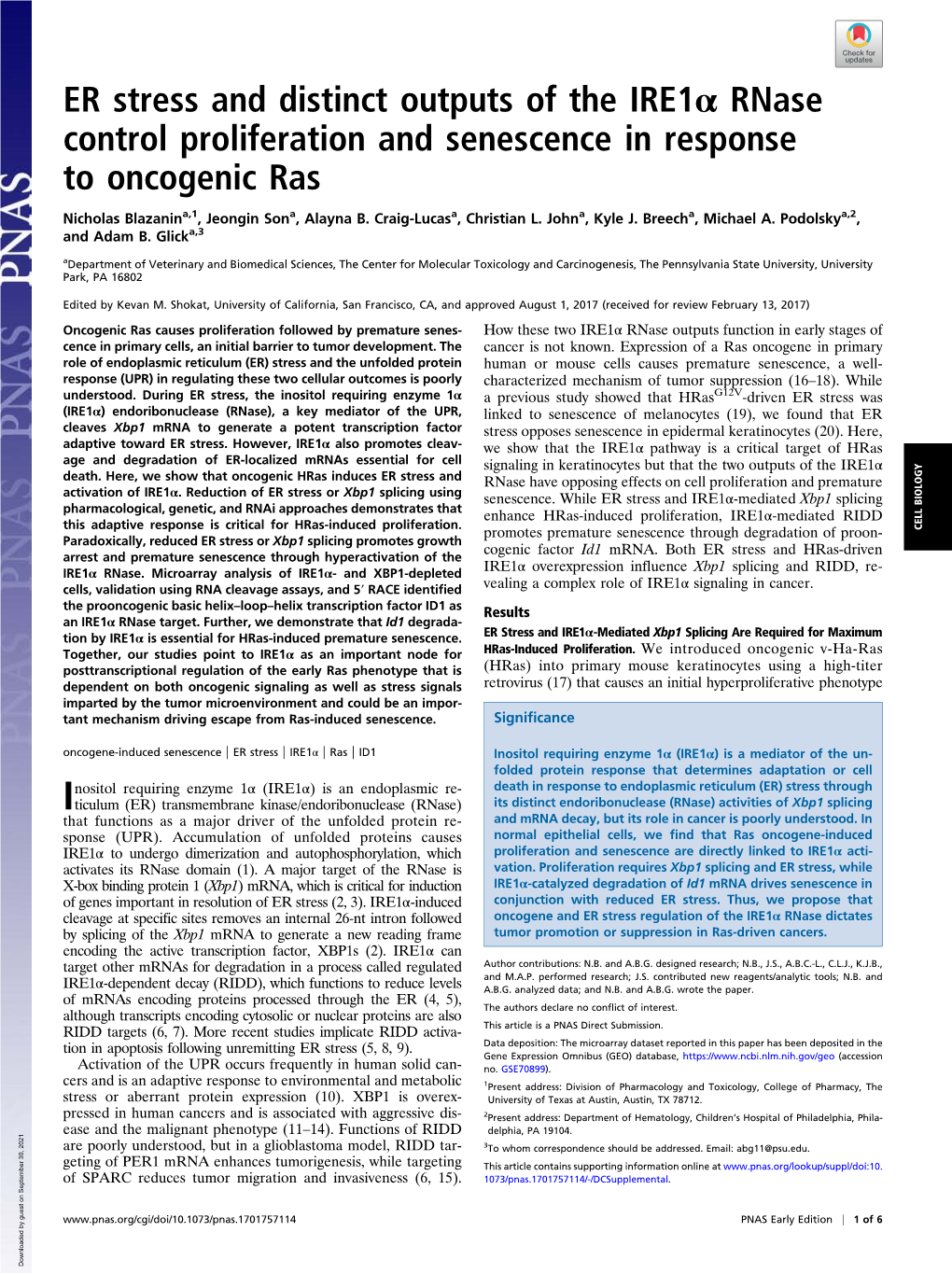 ER Stress and Distinct Outputs of the Ire1α Rnase Control Proliferation and Senescence in Response to Oncogenic Ras