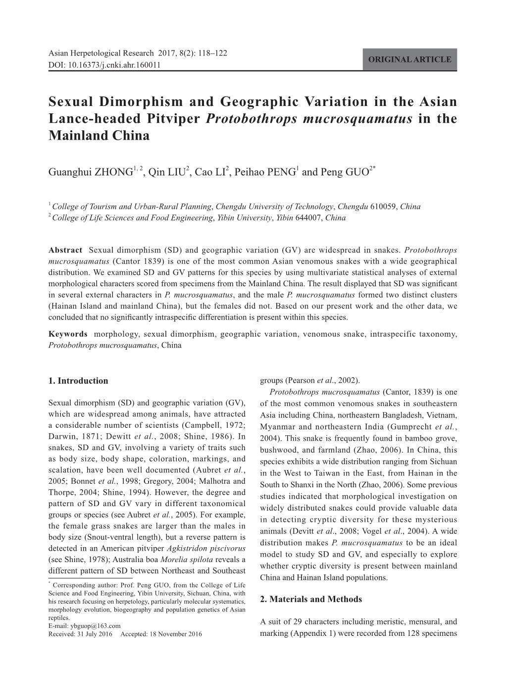 Sexual Dimorphism and Geographic Variation in the Asian Lance-Headed Pitviper Protobothrops Mucrosquamatus in the Mainland China