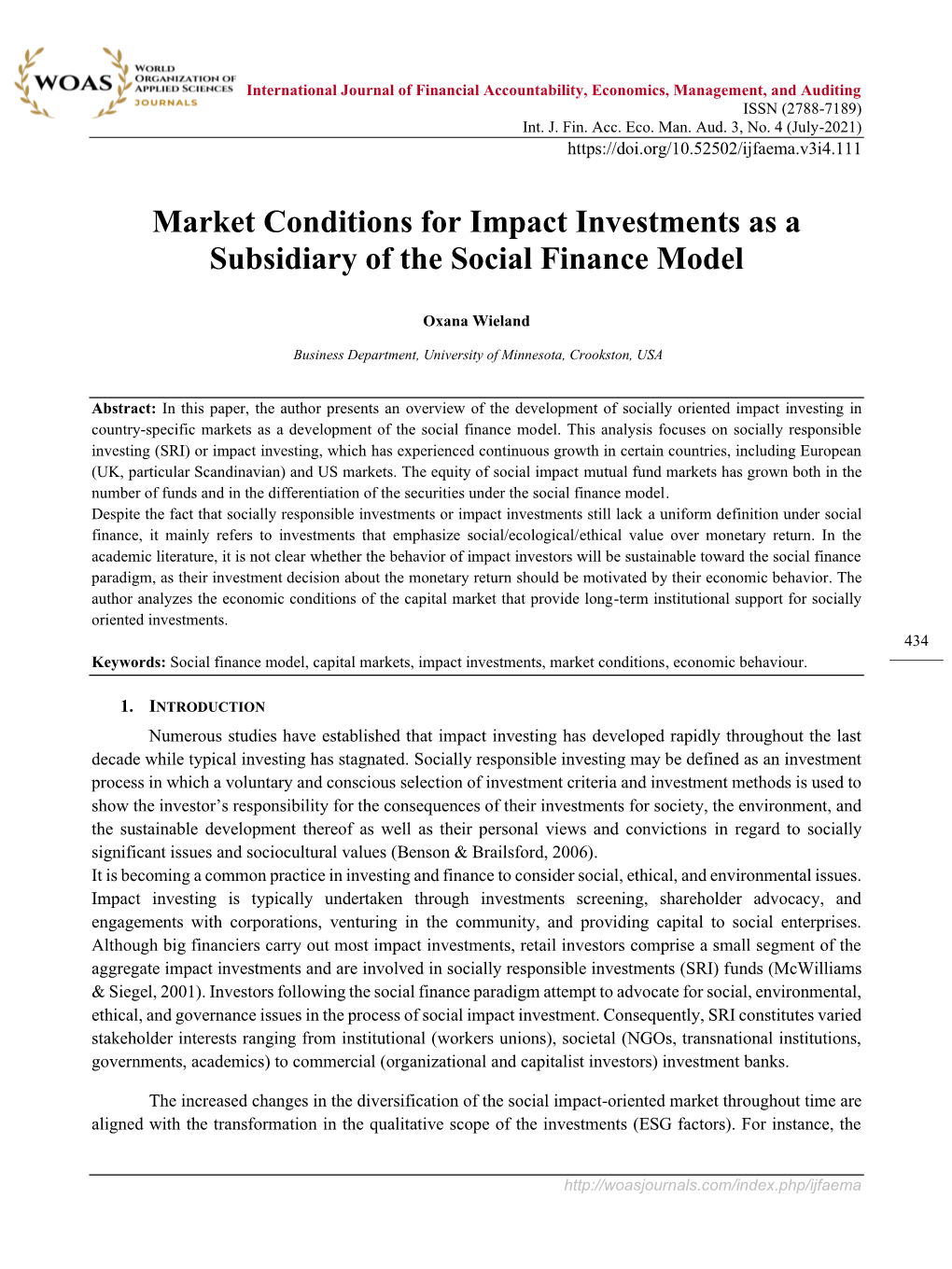 Market Conditions for Impact Investments As a Subsidiary of the Social Finance Model